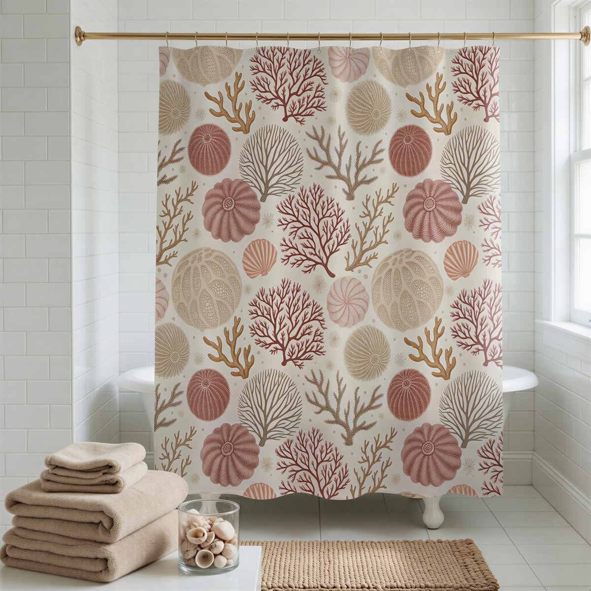 a bathroom with a shower curtain adorned with a pattern of pink and brown marine life, including various types of shells and coral. The shower curtain is hanging from a rod, and there are beige towels and a glass jar filled with seashells placed on the floor next to the shower.