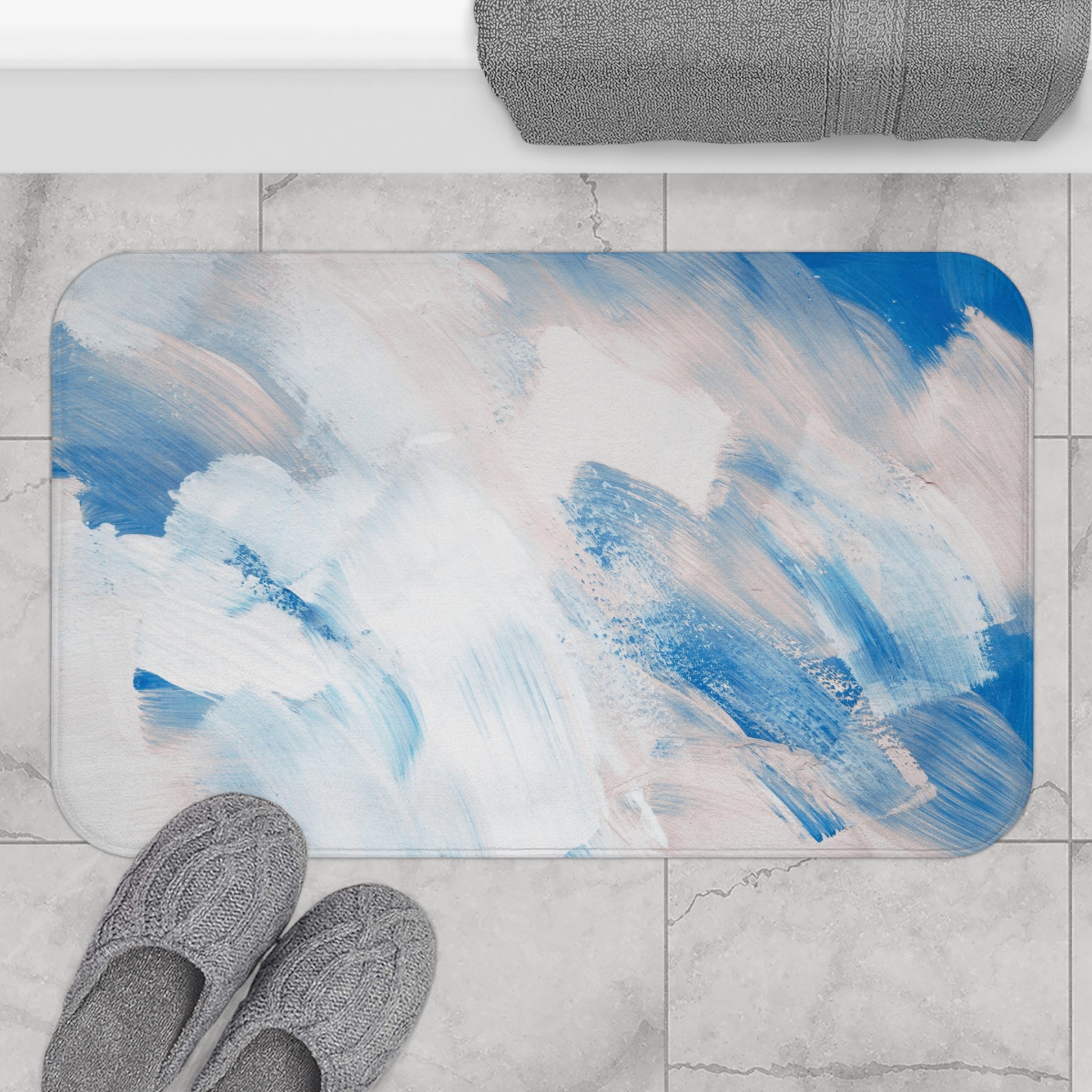 Abstract Bath Mat | Sky Ocean Blue Blush White Kitchen Mat