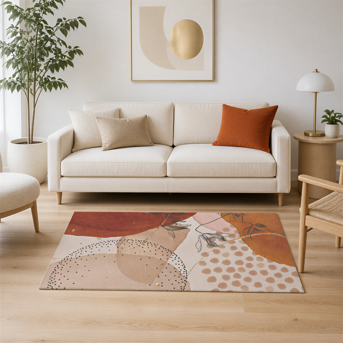 a cozy living room with a white sofa, a wooden coffee table, and a potted plant. The room has a neutral color scheme with a colorful abstract rug on the floor.