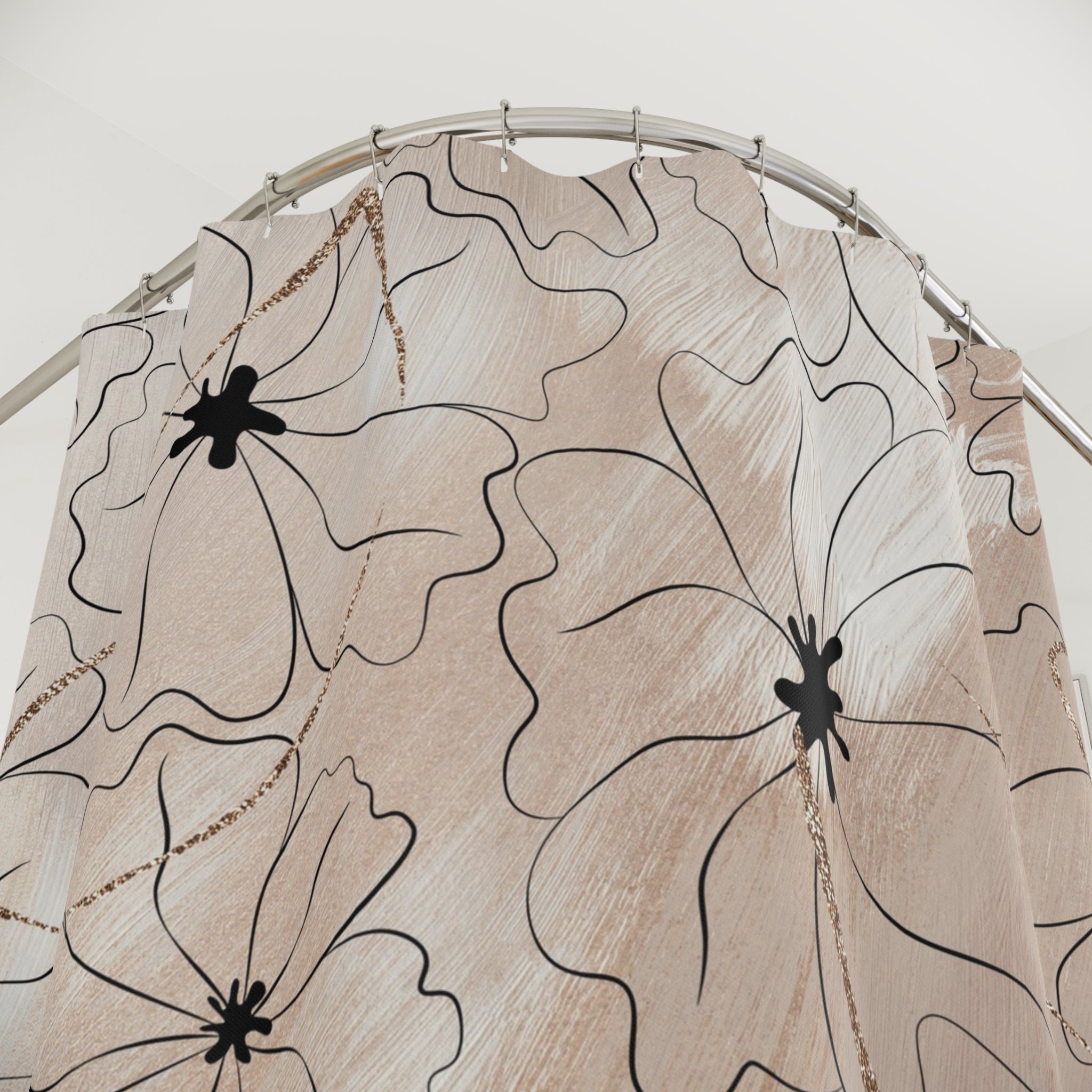 Boho Shower Curtain | Abstract Beige Floral Taupe Black Line Art