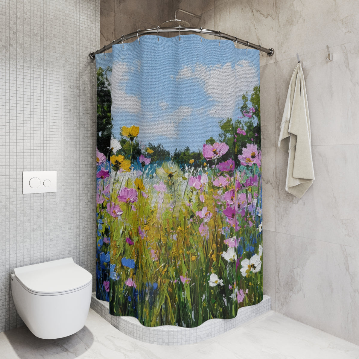 a bathroom with a shower curtain that depicts a field of colorful flowers. The shower curtain is hanging on a rod next to a towel rack.