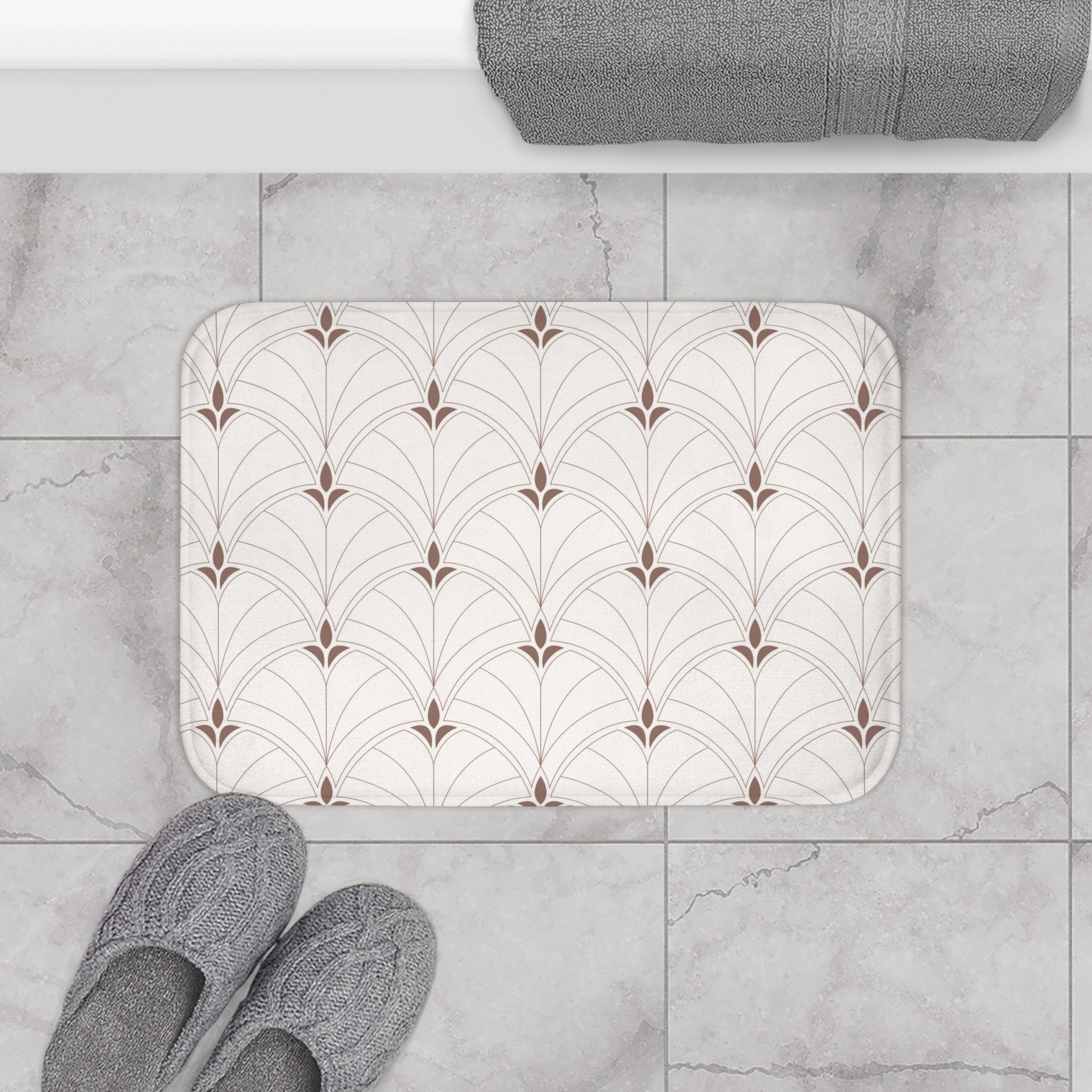 Boho Bath, Kitchen Mat | Art Deco Nouveau Fan Beige Brown