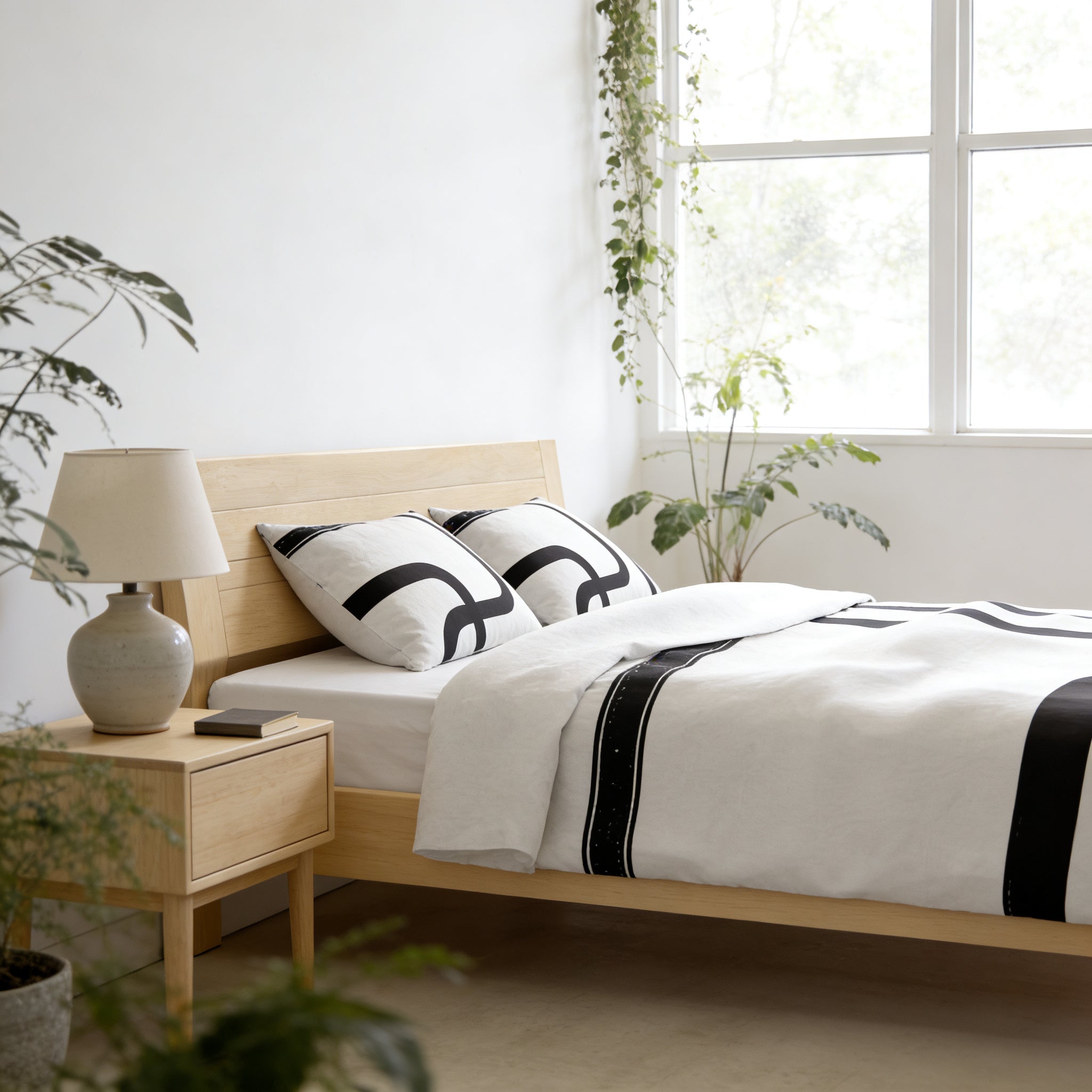 a serene and modern bedroom with a wooden bed frame, a white and black patterned comforter, and a nightstand with a lamp. The room is decorated with potted plants and a large window, creating a tranquil and inviting atmosphere.