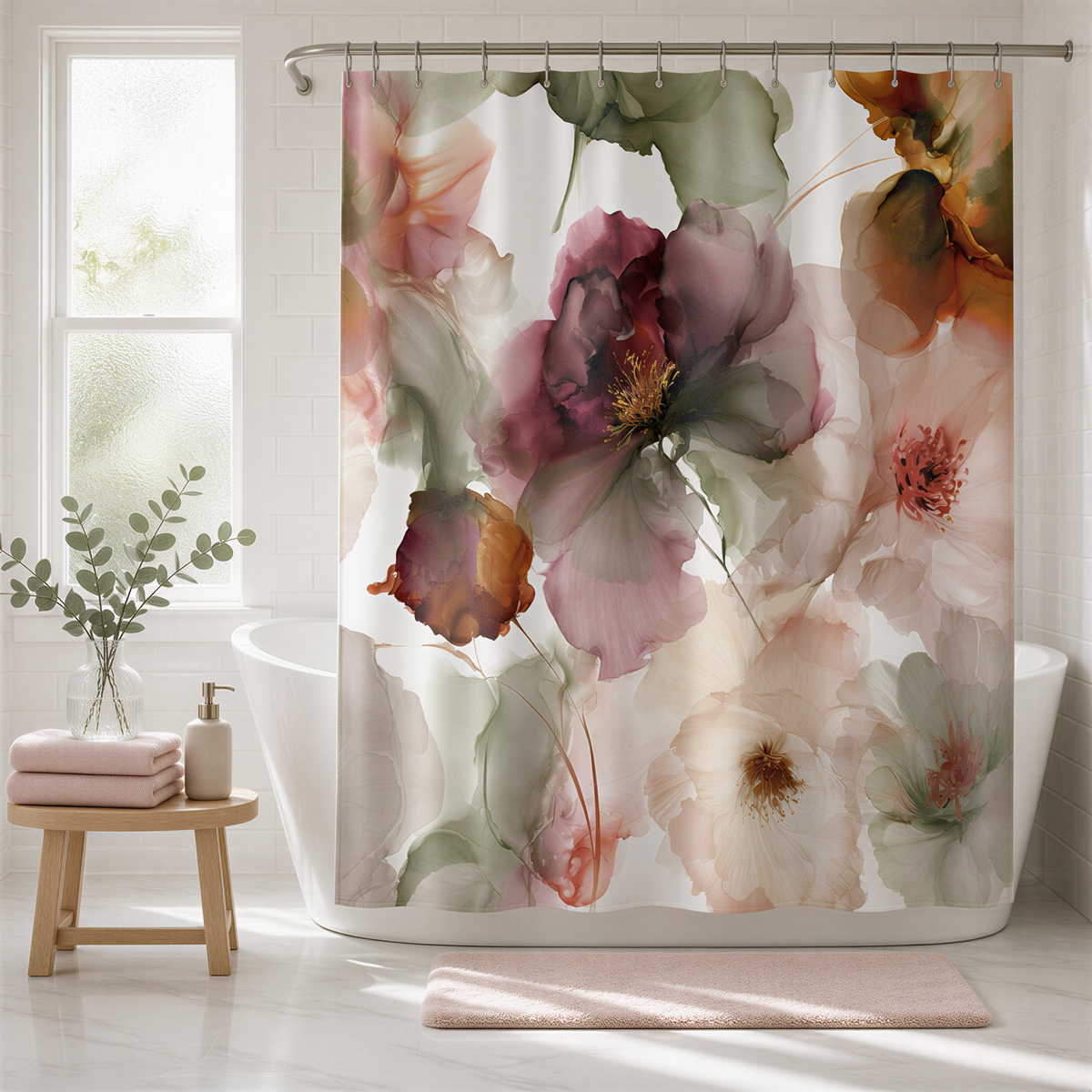 a bathroom with a floral shower curtain, a wooden stool, and a vase of greenery.