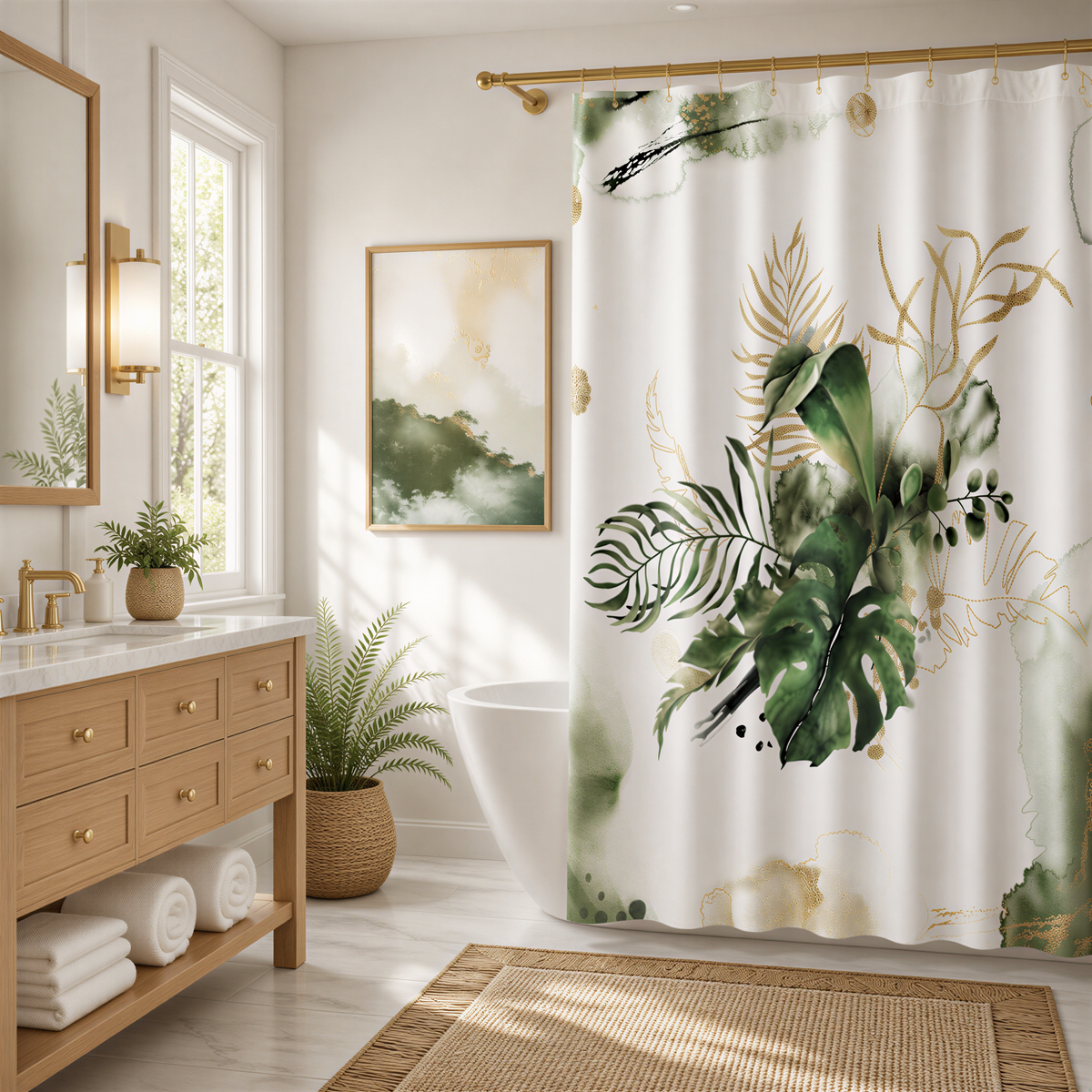 a well-decorated bathroom with a large shower curtain featuring a tropical plant design. The bathroom has a wooden vanity, a large window, and a potted plant, creating a serene and natural atmosphere.