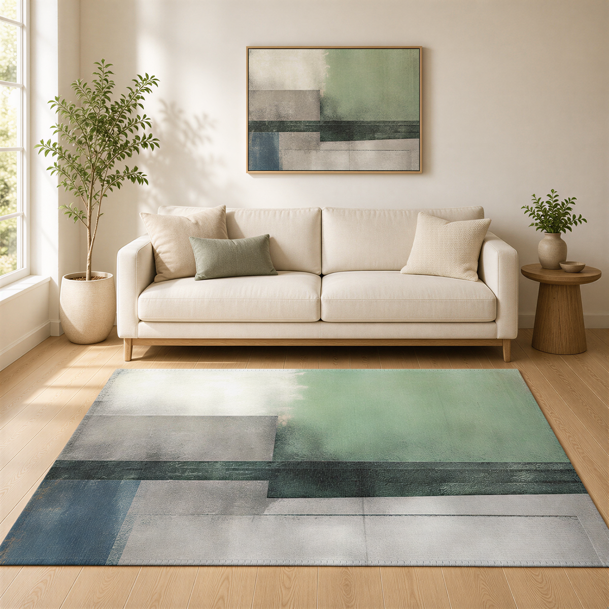 a living room with a white sofa, a large abstract rug, and a painting on the wall. The room has a minimalist and modern design, with a large window providing natural light and a view of the outdoors.