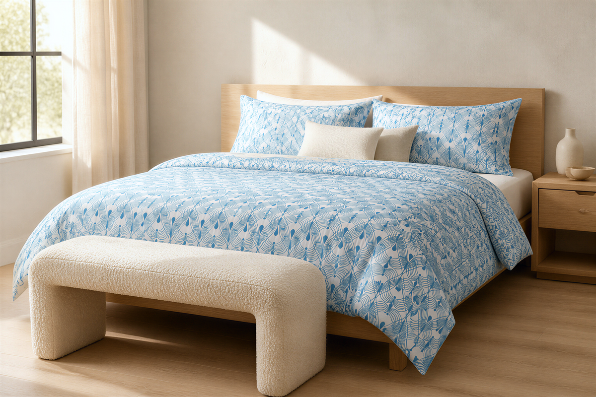 a serene and cozy bedroom with a large bed adorned with a blue and white patterned comforter and matching pillows. The bed is positioned against a wall with a window, allowing natural light to fill the space. A white bench is placed in front of the bed, and a wooden nightstand is situated next to it. The overall scene conveys a sense of comfort and relaxation.