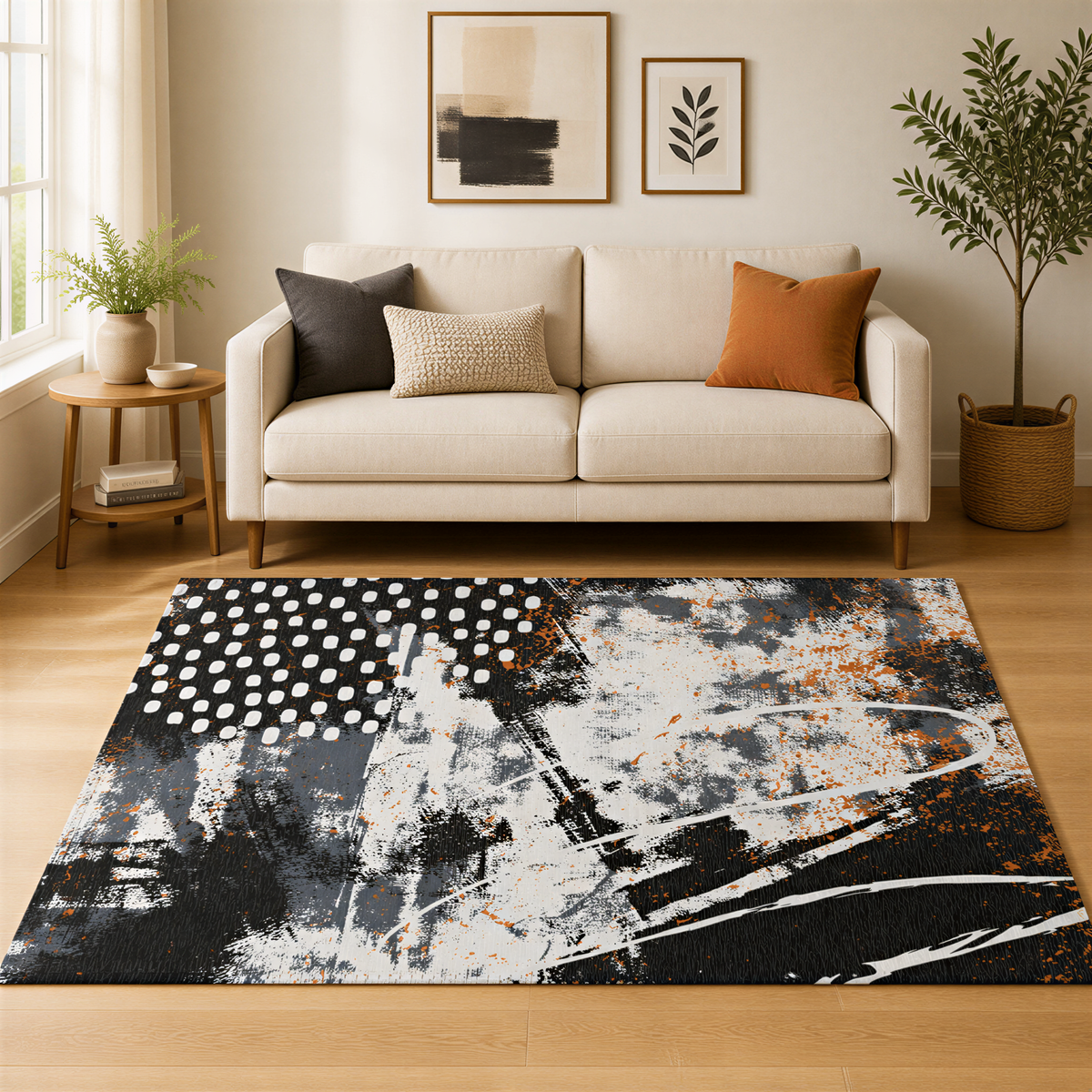 a living room with a white sofa, a large abstract rug with black and white polka dots, and a plant in a basket. The room has a minimalist and modern design, with a large window providing natural light and a painting on the wall.