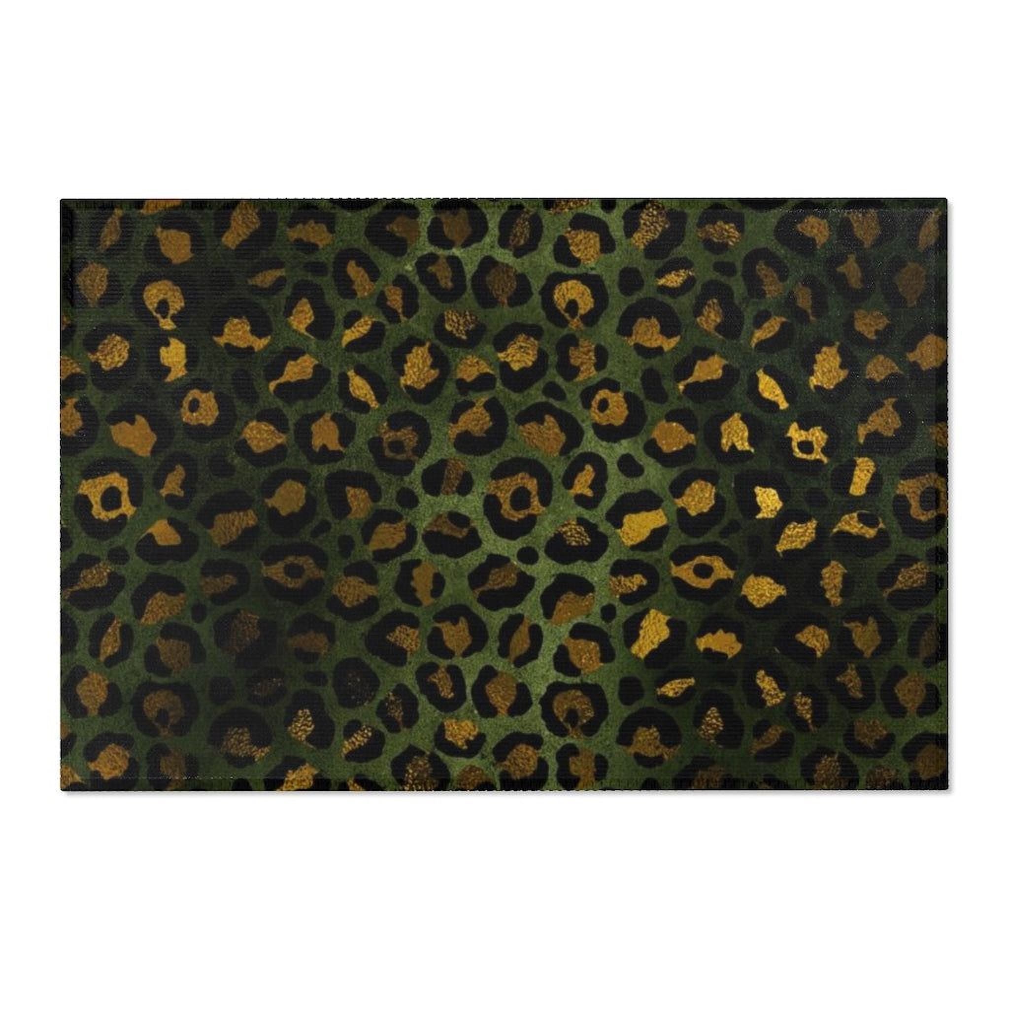 a vibrant leopard print pattern in shades of green and gold, with the leopard's distinctive spots and markings prominently displayed.