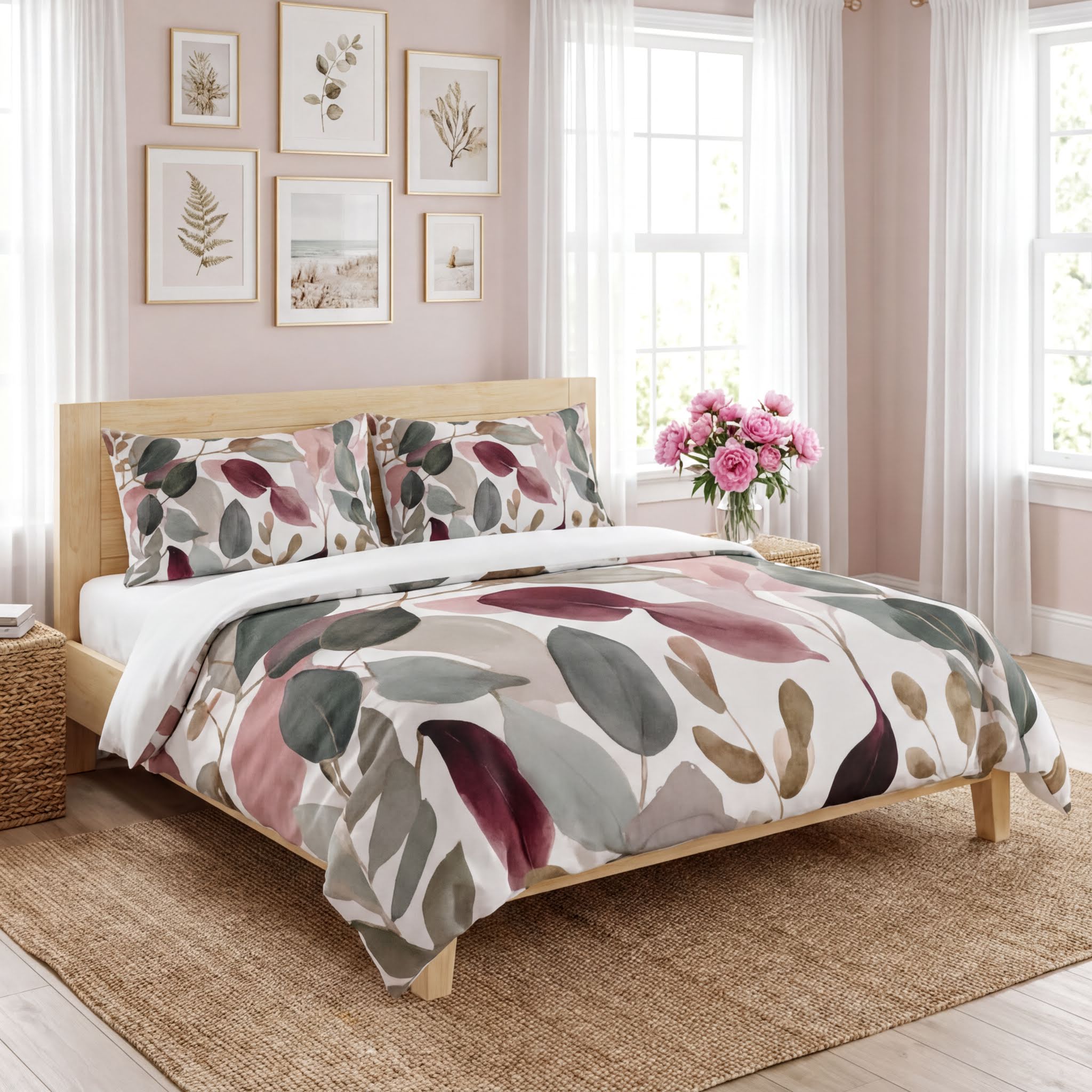 a bedroom with a large bed covered in a colorful, leaf-patterned comforter. The bed is framed by a wooden headboard and has two pillows. Above the bed, there are several framed pictures on the wall. A vase of pink flowers is placed on the windowsill, adding a touch of nature to the room. The overall color scheme of the room is a mix of pink, green, and white, creating a warm and inviting atmosphere.