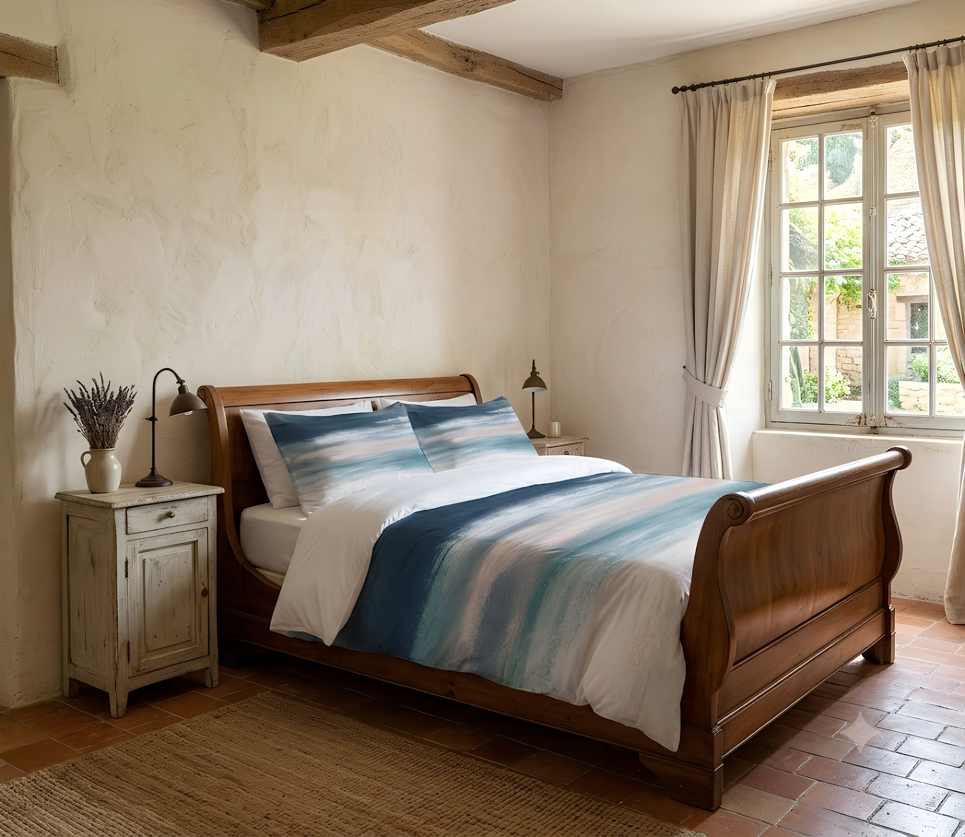 A cozy bedroom with a wooden bed frame, a nightstand, and a window overlooking a garden. The room has a rustic, country-style decor with a mix of neutral colors and natural textures.