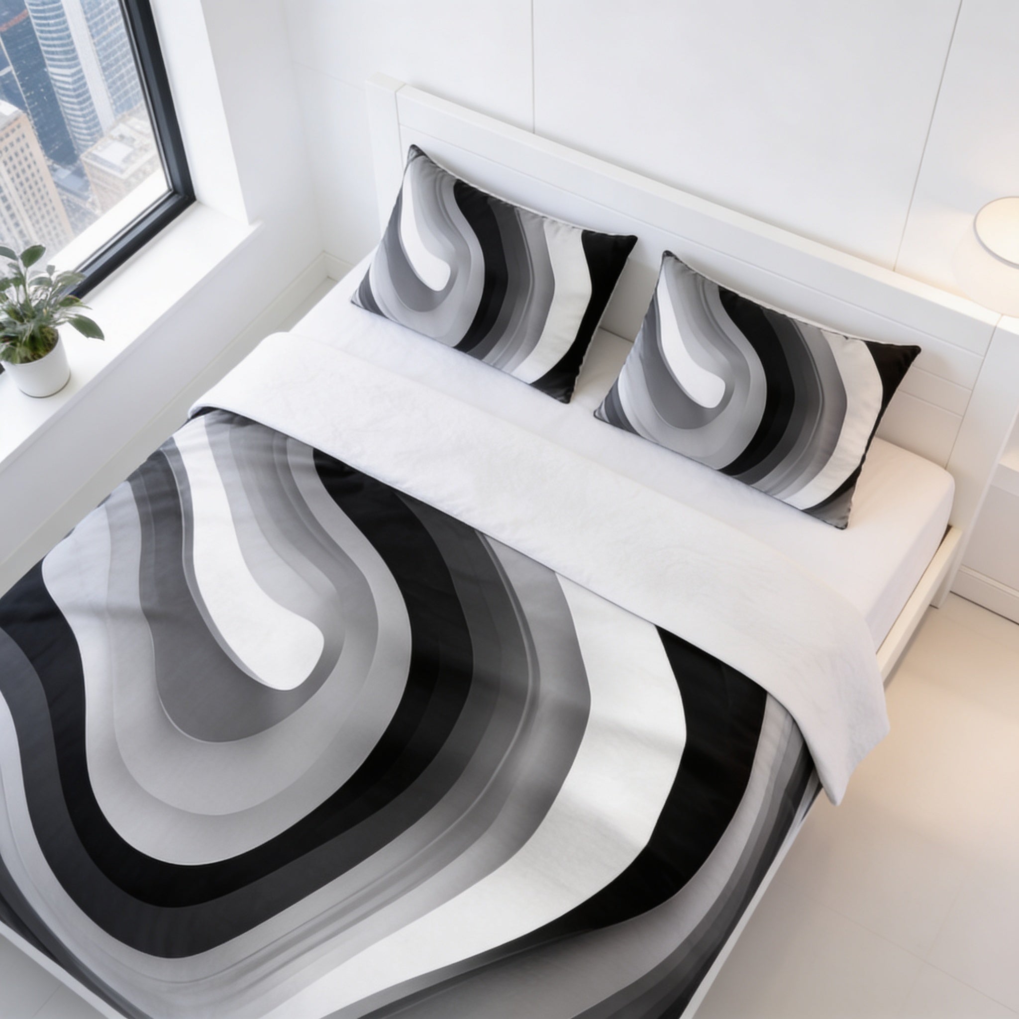 a modern bedroom with a bed featuring a black and white geometric patterned comforter and pillows. The room has a minimalist design with white walls and a window overlooking a cityscape.
