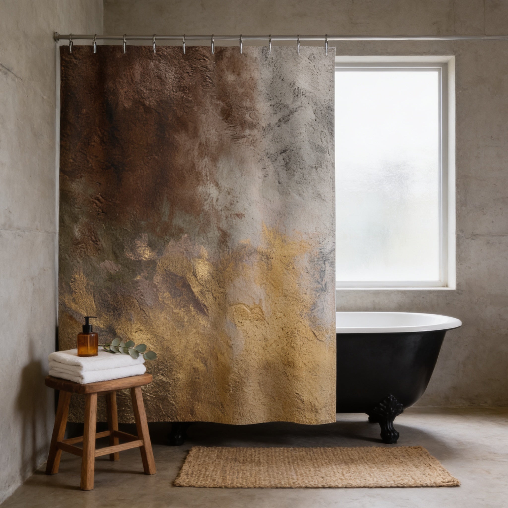 a bathroom with a black clawfoot bathtub, a wooden stool, and a shower curtain with a textured design in shades of brown and beige.