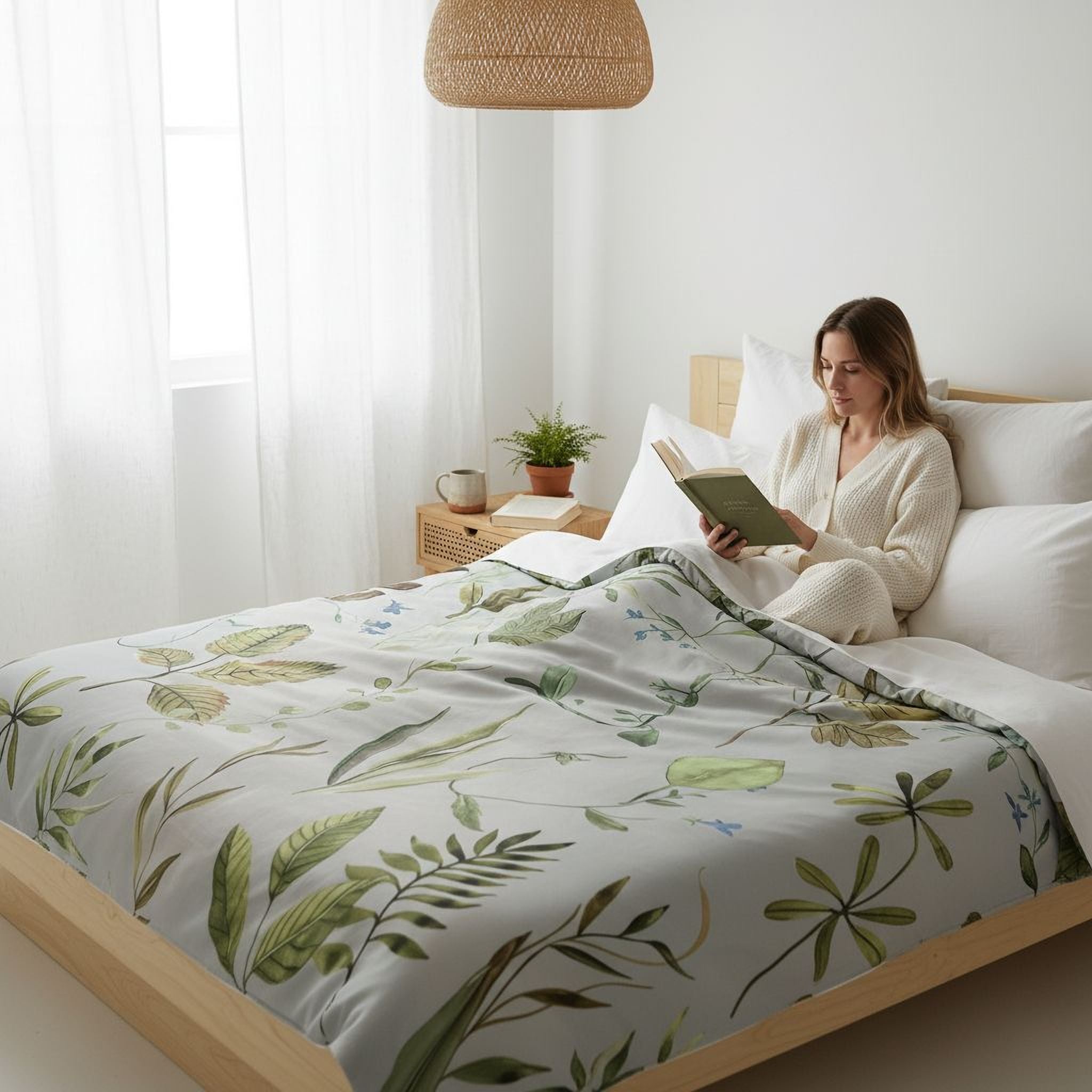A woman is sitting on a bed, reading a book.