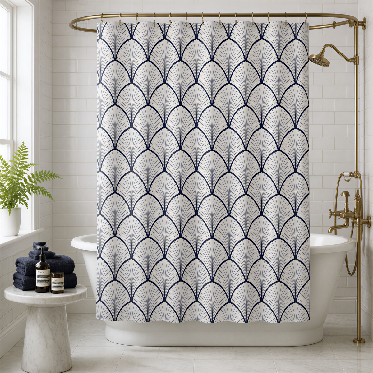 a bathroom with a white bathtub, a white marble table, and a shower curtain with a repeating black and white fan-shaped pattern.