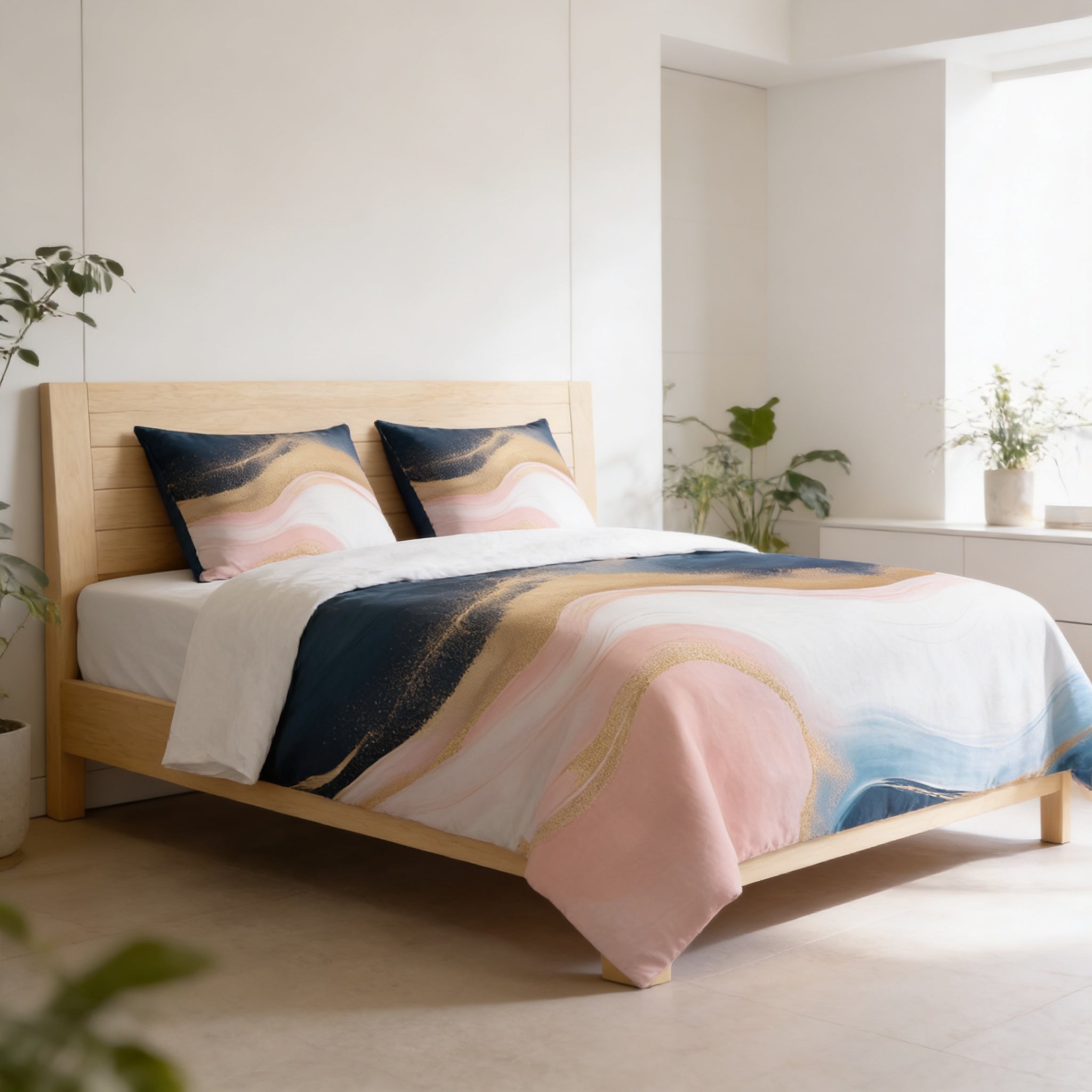 a modern bedroom with a wooden bed frame, a colorful patterned comforter, and two matching pillows. The room is decorated with potted plants and has a minimalist, clean aesthetic.