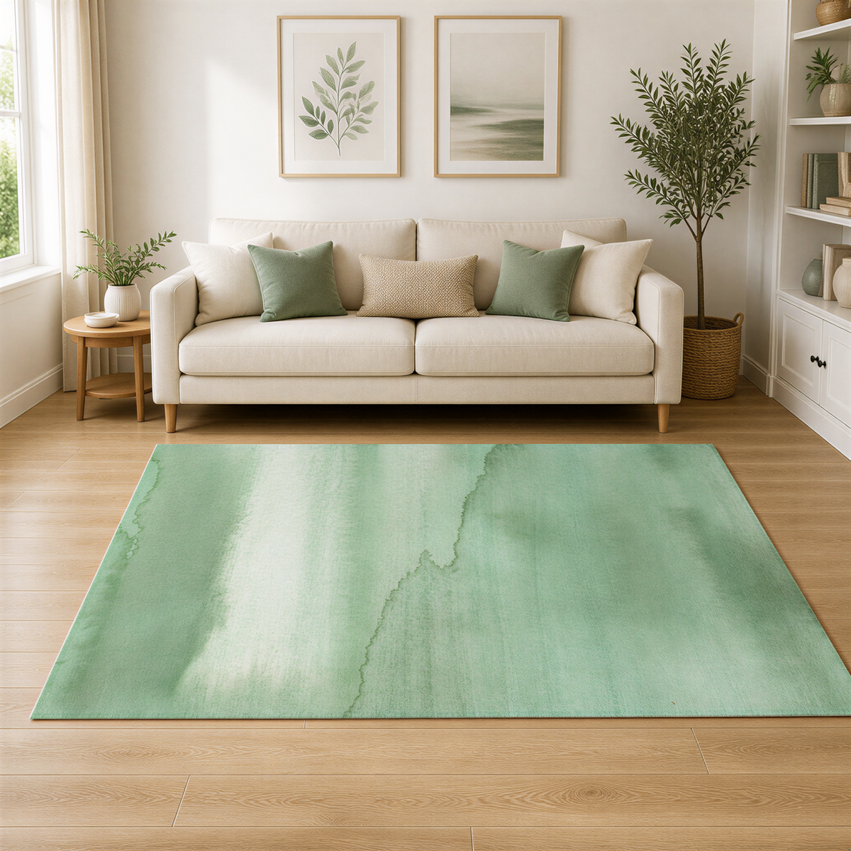 a cozy living room with a beige sofa, a green area rug, and two framed plant prints on the wall.