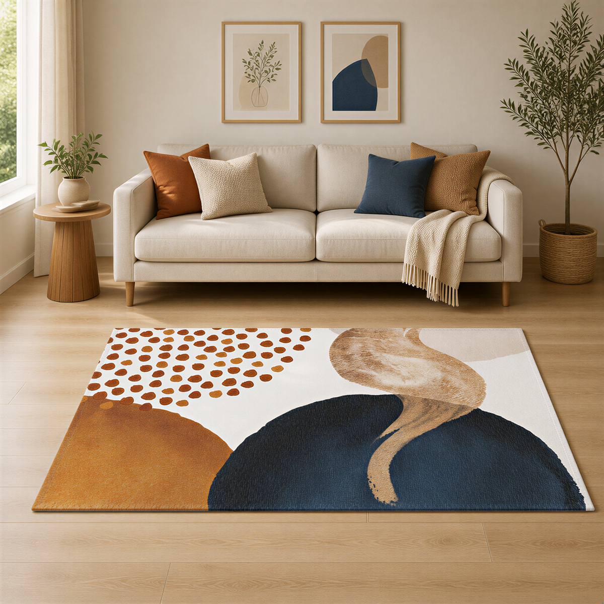 a cozy living room with a beige sofa, a wooden side table, and a large abstract rug on the floor. The room is decorated with two framed artworks on the wall and a potted plant, creating a warm and inviting atmosphere.