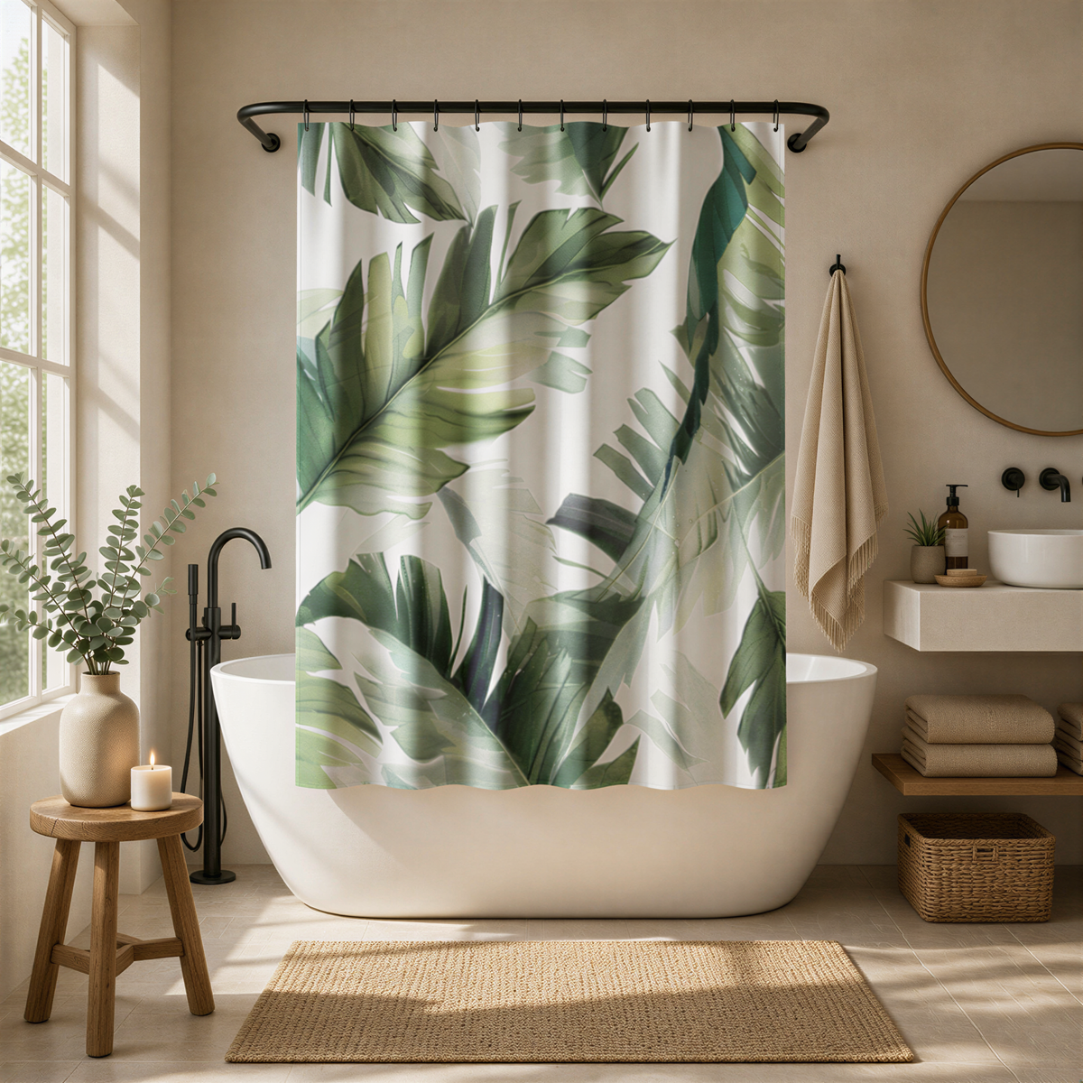 a serene and modern bathroom with a large white bathtub, a shower curtain with a tropical leaf pattern, and a wooden stool. The bathroom features a round mirror, a sink, and a window that allows natural light to enter the space.