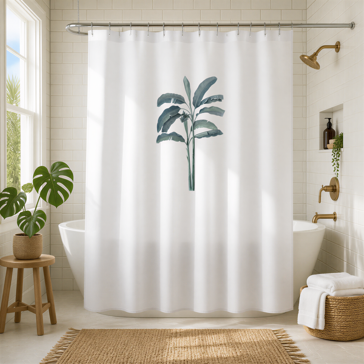 a bathroom with a white bathtub, a shower curtain featuring a tropical plant design, and a wooden stool. The bathroom has white tiles and a wooden floor, creating a clean and modern aesthetic.