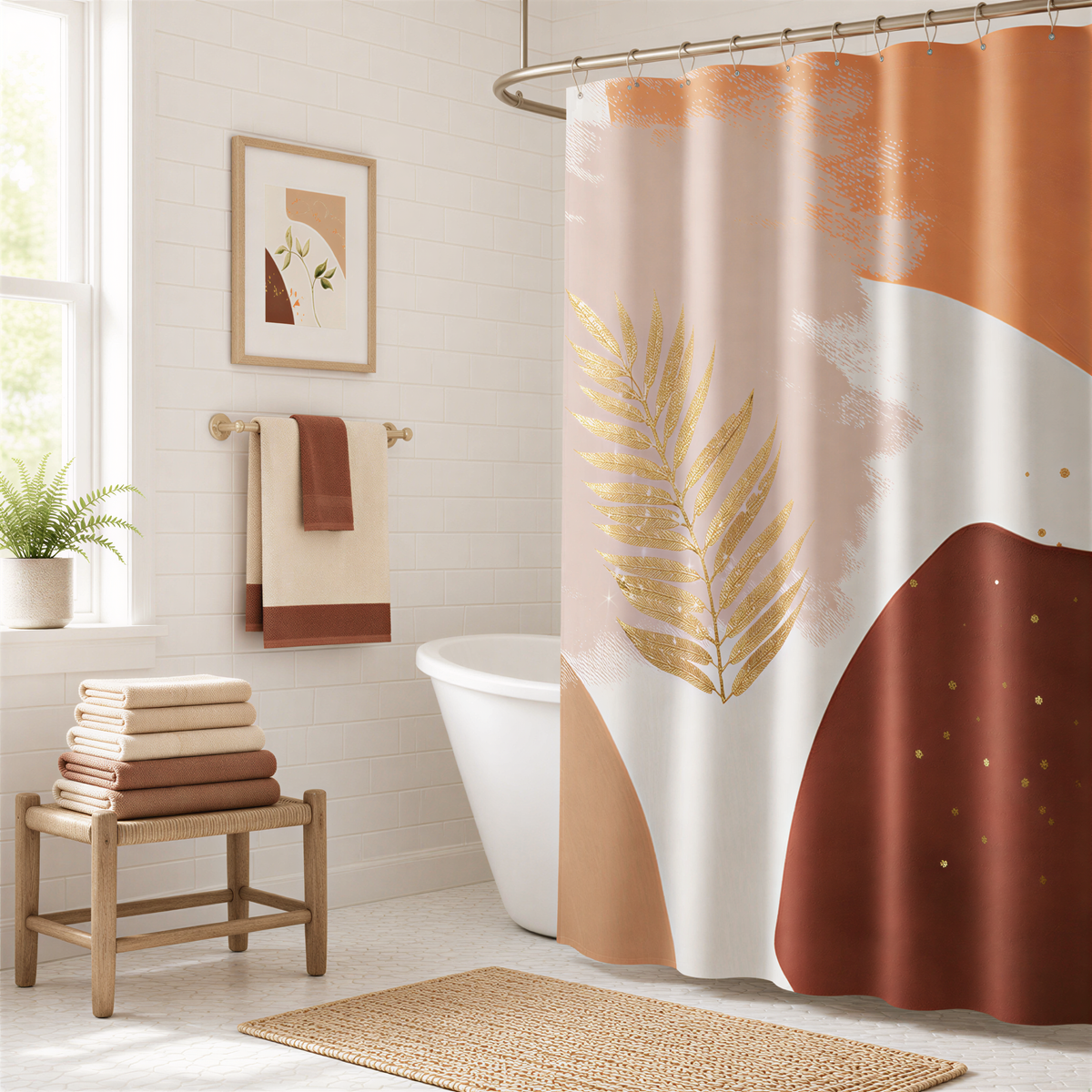 a bathroom with a shower curtain featuring a tropical leaf design in shades of orange and brown. The bathroom also includes a white bathtub, a towel rack, and a stack of towels. There is a potted plant and a framed picture on the wall, adding to the overall aesthetic of the space.