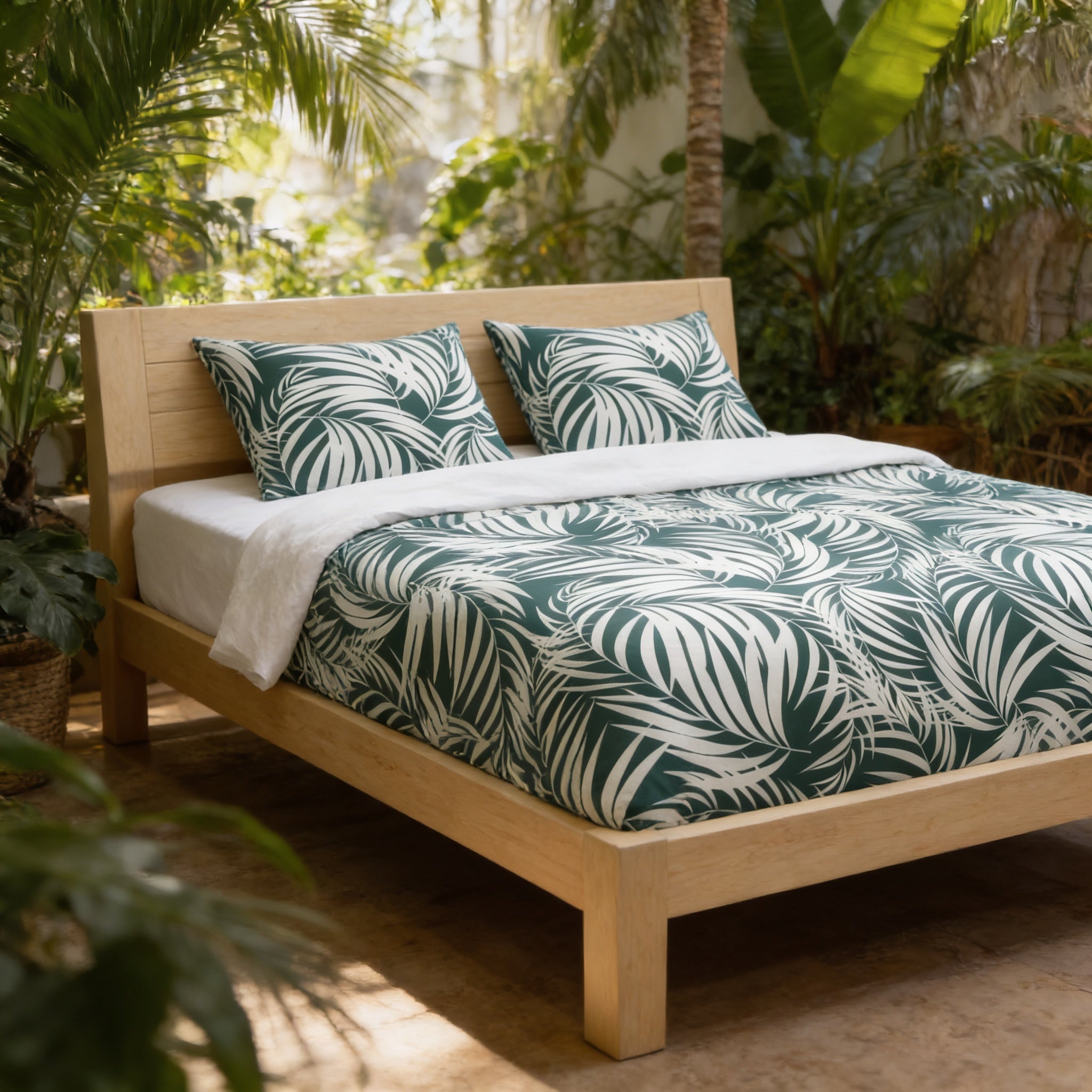 a wooden bed with a green and white leafy patterned bedspread, placed in a room with a tropical theme.
