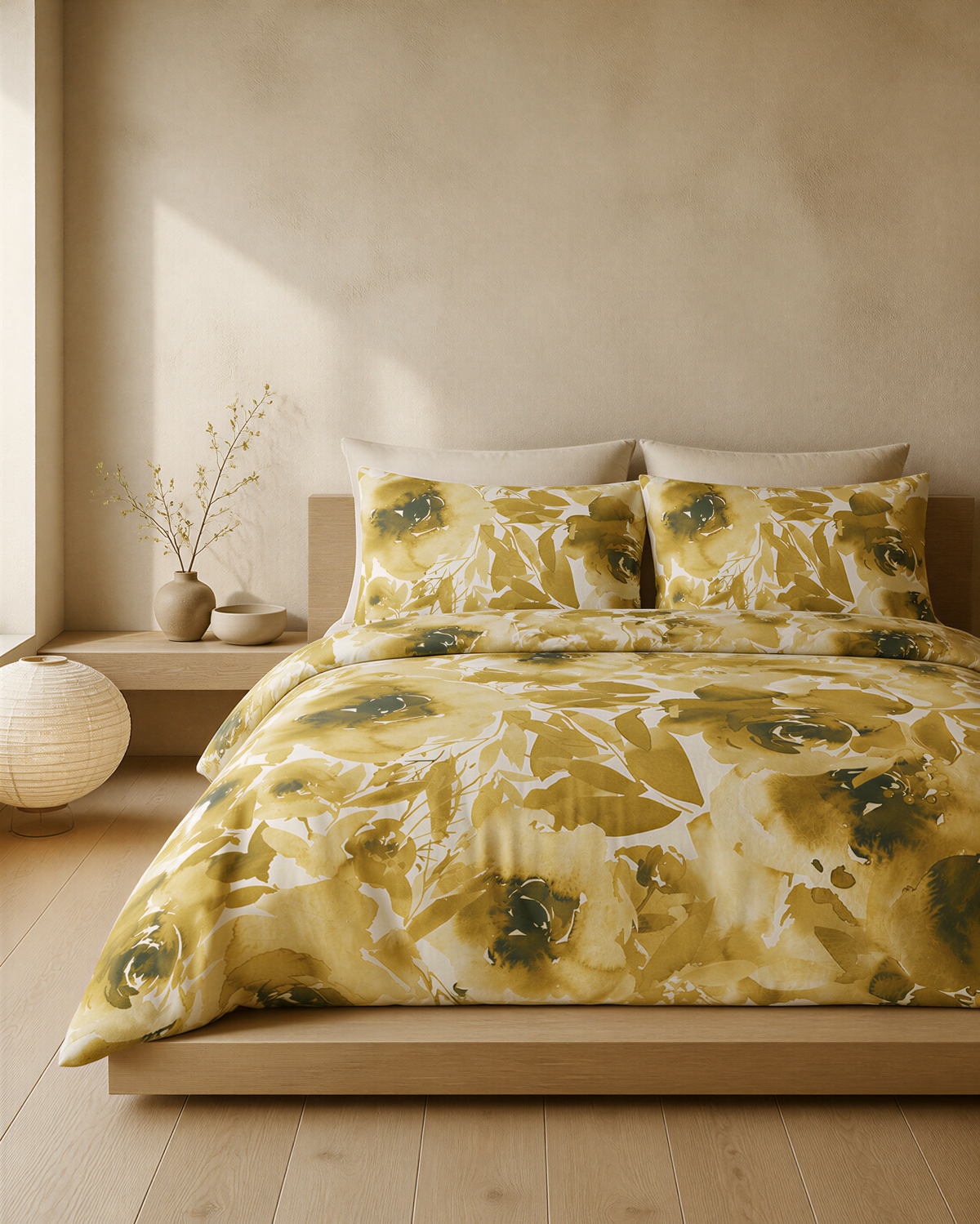 a serene and cozy bedroom setting, featuring a bed with a yellow and green floral comforter and matching pillows, a wooden nightstand with a vase of flowers, and a lamp on a wooden stand.