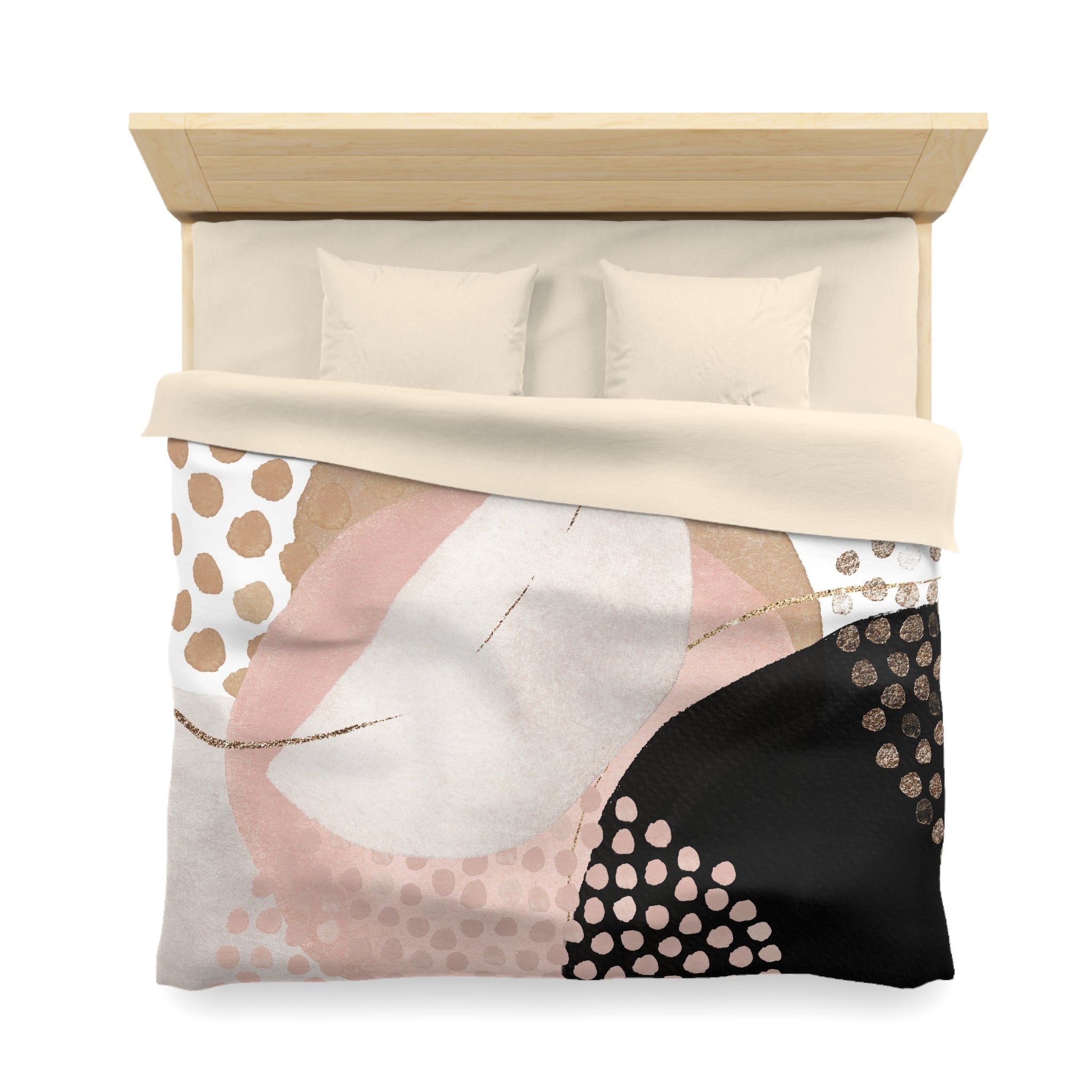 a bed with a colorful, abstract patterned comforter and pillows.
