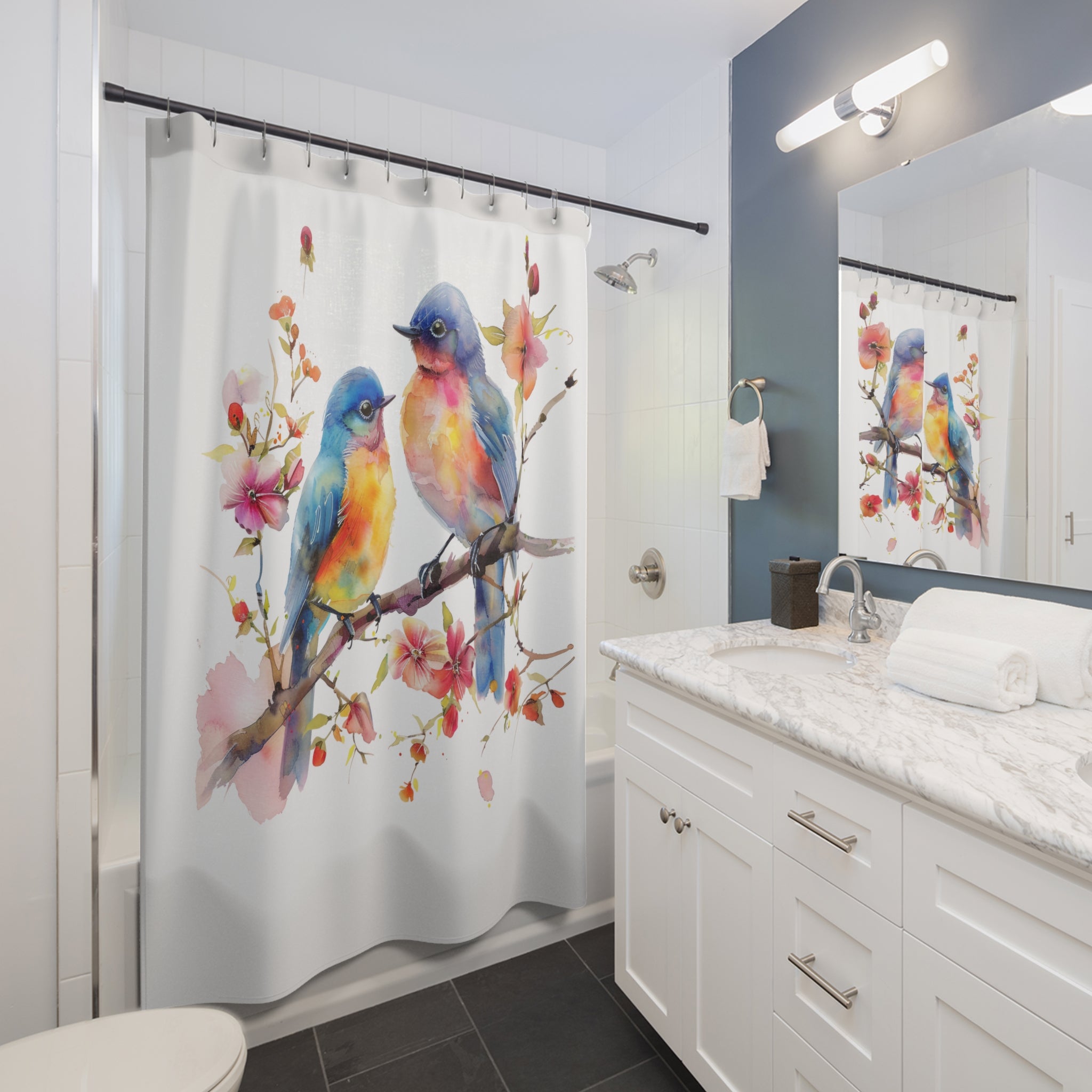 Bird Shower Curtain | Colorful Canaries, White Bath Curtain