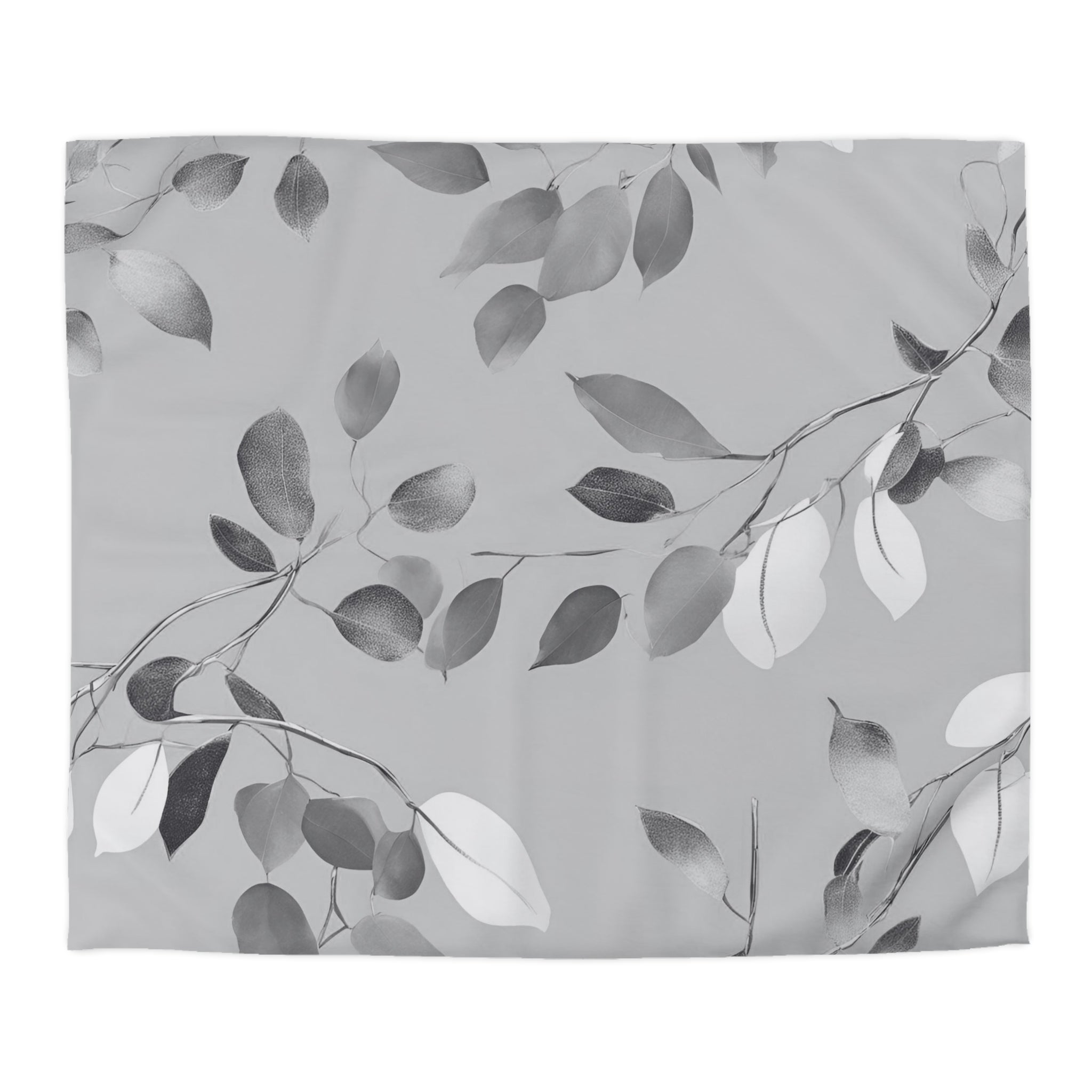 a repeating pattern of leaves and branches in shades of gray and white, creating a visually striking and minimalist design.