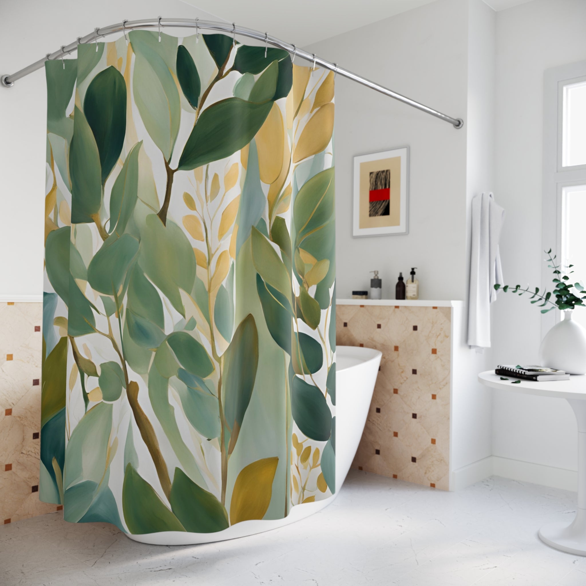 Boho Abstract Leaves Shower Curtain | Sage Teal Green, Beige