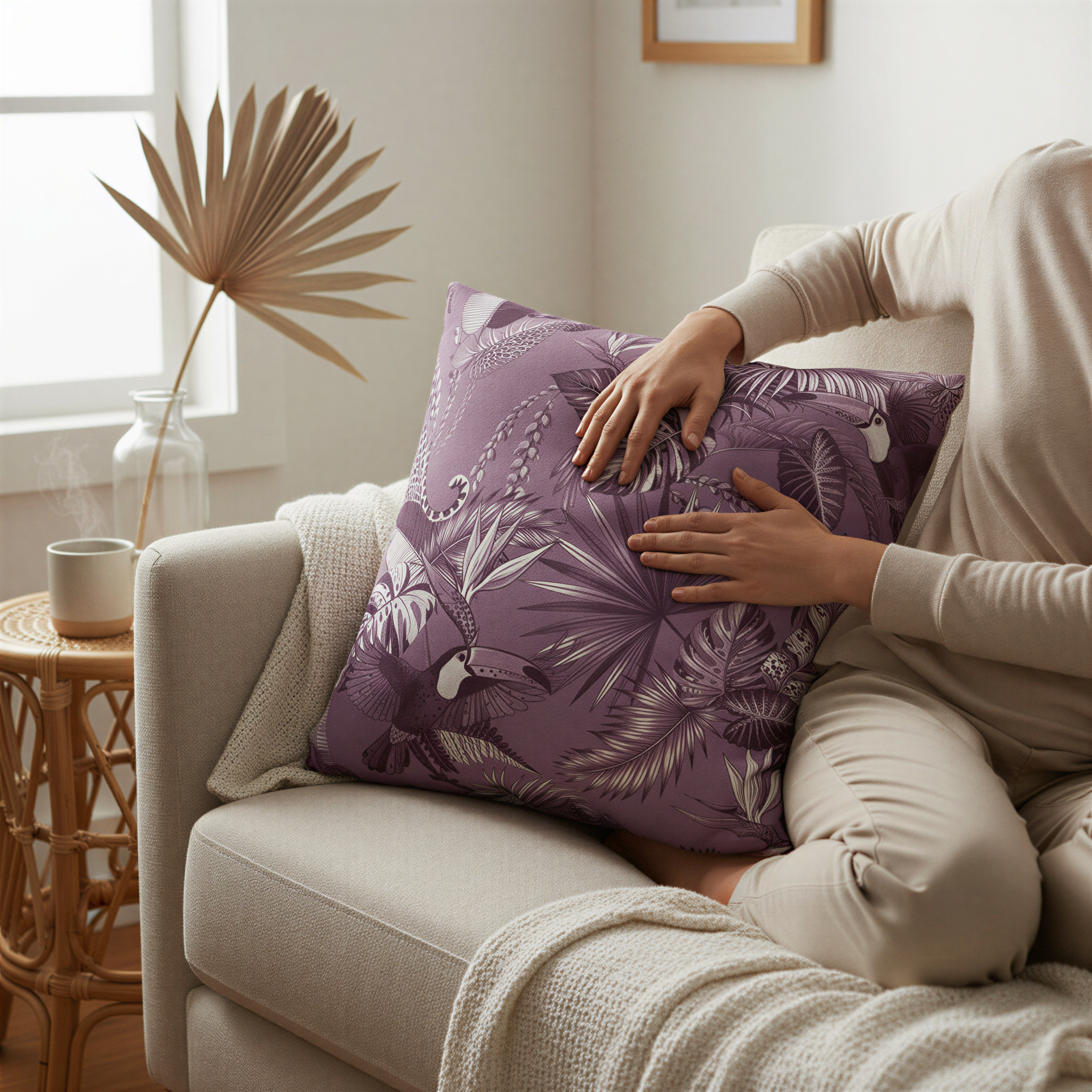 A person is sitting on a couch, resting their head on a purple pillow with a tropical leaf pattern.