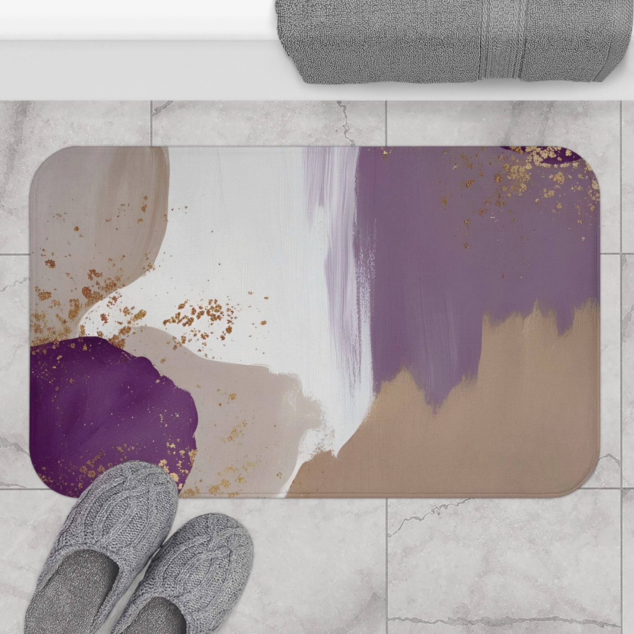 Boho Bath Mat | Purple Taupe Grey Abstract Kitchen Mat