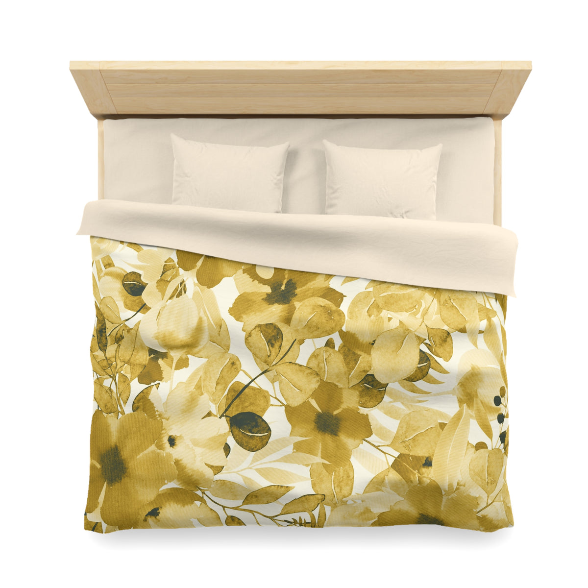 a bed with a floral print duvet cover and pillows.