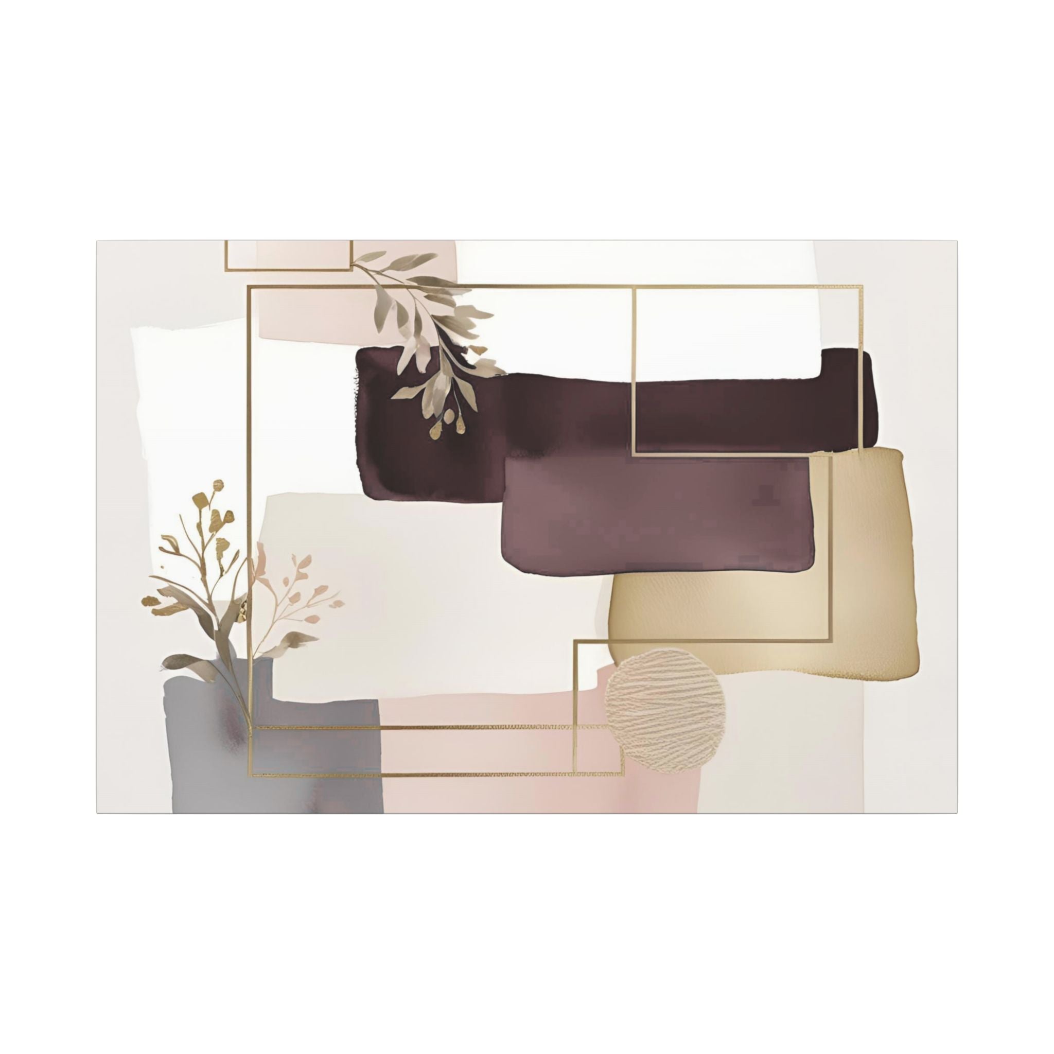 The image is an abstract art piece featuring a variety of shapes and colors, including shades of brown, beige, and gray. The composition includes a plant with leaves and branches, as well as geometric shapes and lines.