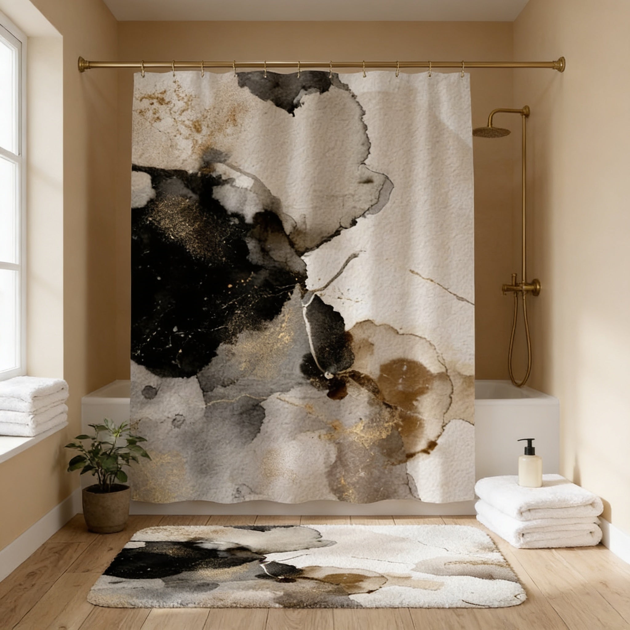 a bathroom with a shower curtain featuring an abstract design in shades of black, white, and gold. The shower area is equipped with a gold shower head and a white bathtub. The bathroom is decorated with white towels and a rug, and there is a potted plant in the corner.