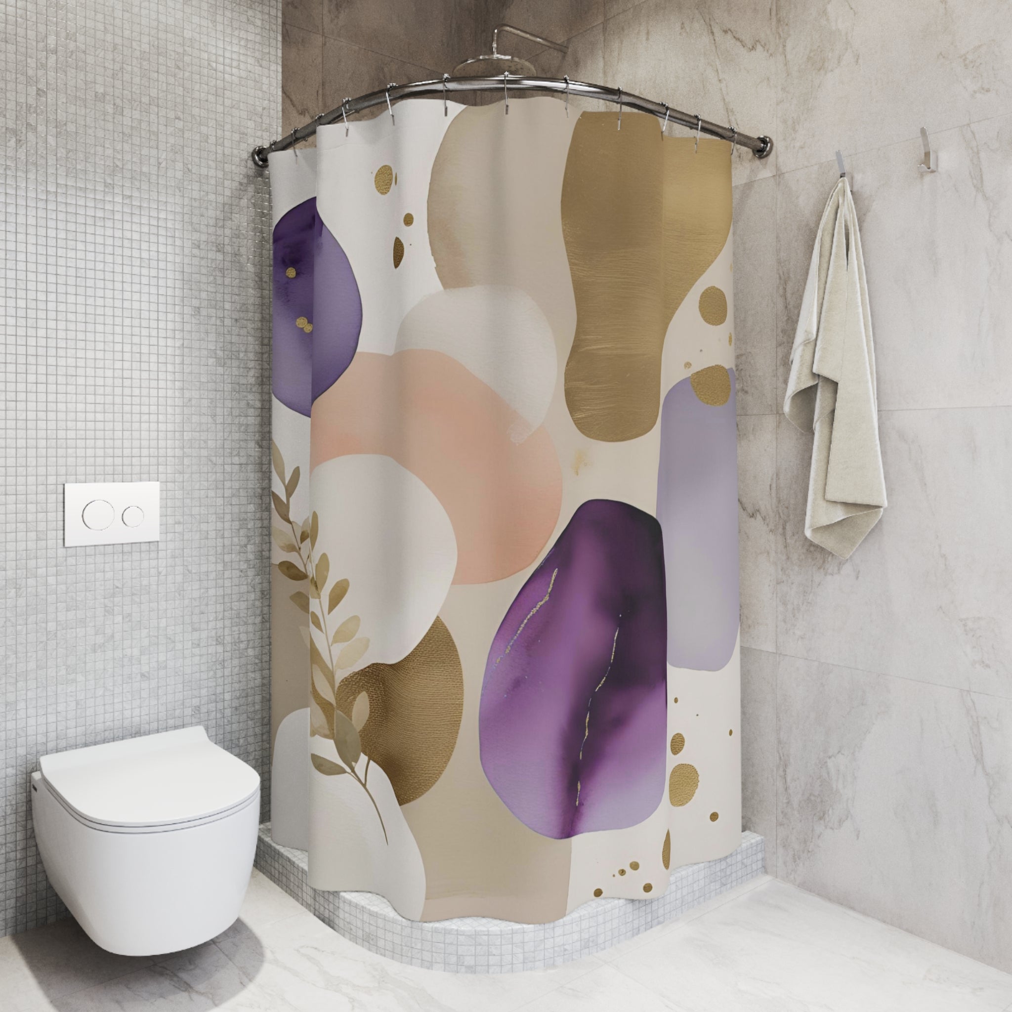 Abstract Shower Curtain | Lavender Purple Blush White, Beige Leaves