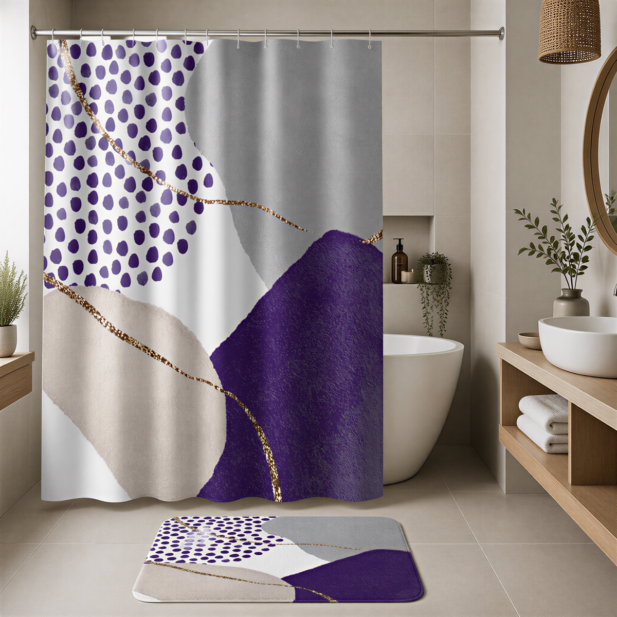 a modern bathroom with a shower curtain featuring a purple and white abstract design. The bathroom has a wooden vanity, a white bathtub, and various decorative elements such as potted plants and a vase.