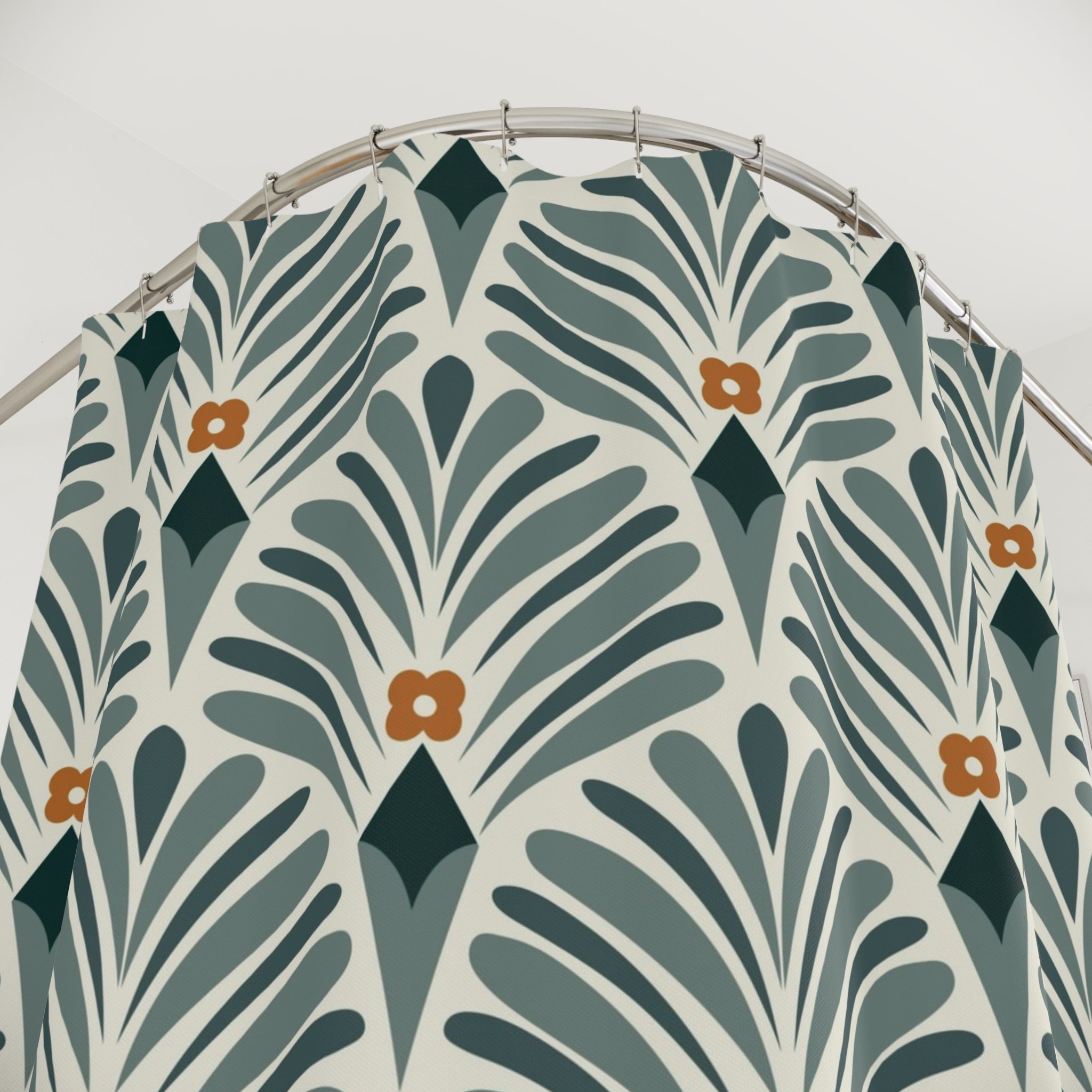 Boho Shower Curtain | Retro Green Art Deco, Nouveau