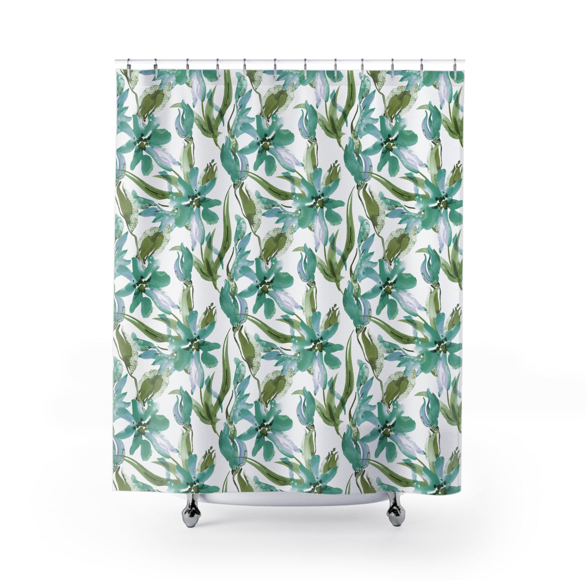 a shower curtain with a repeating pattern of green and white flowers.