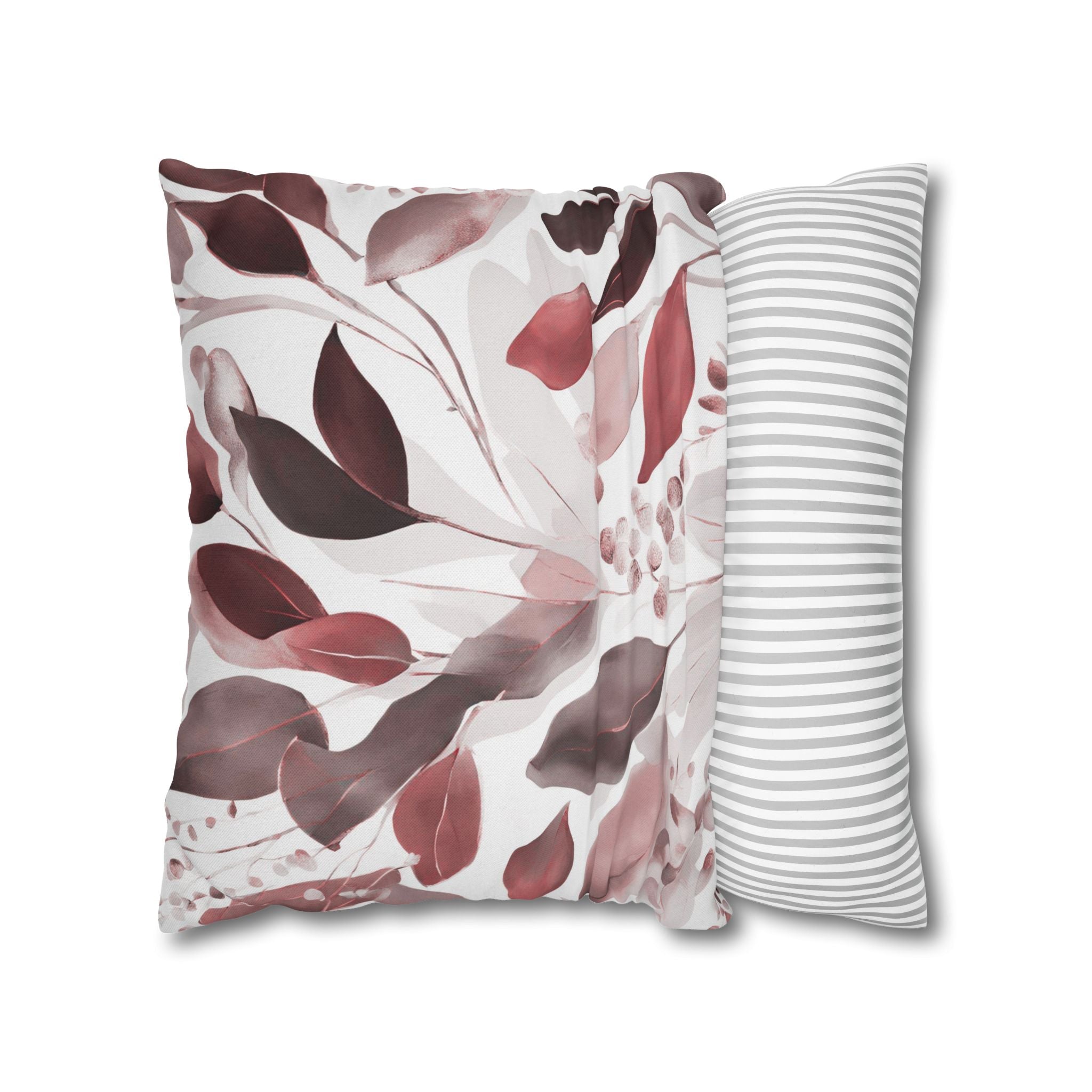 Boho Floral Throw Pillow Cover; Burgundy Red Watercolor Leaves Couch Cushion