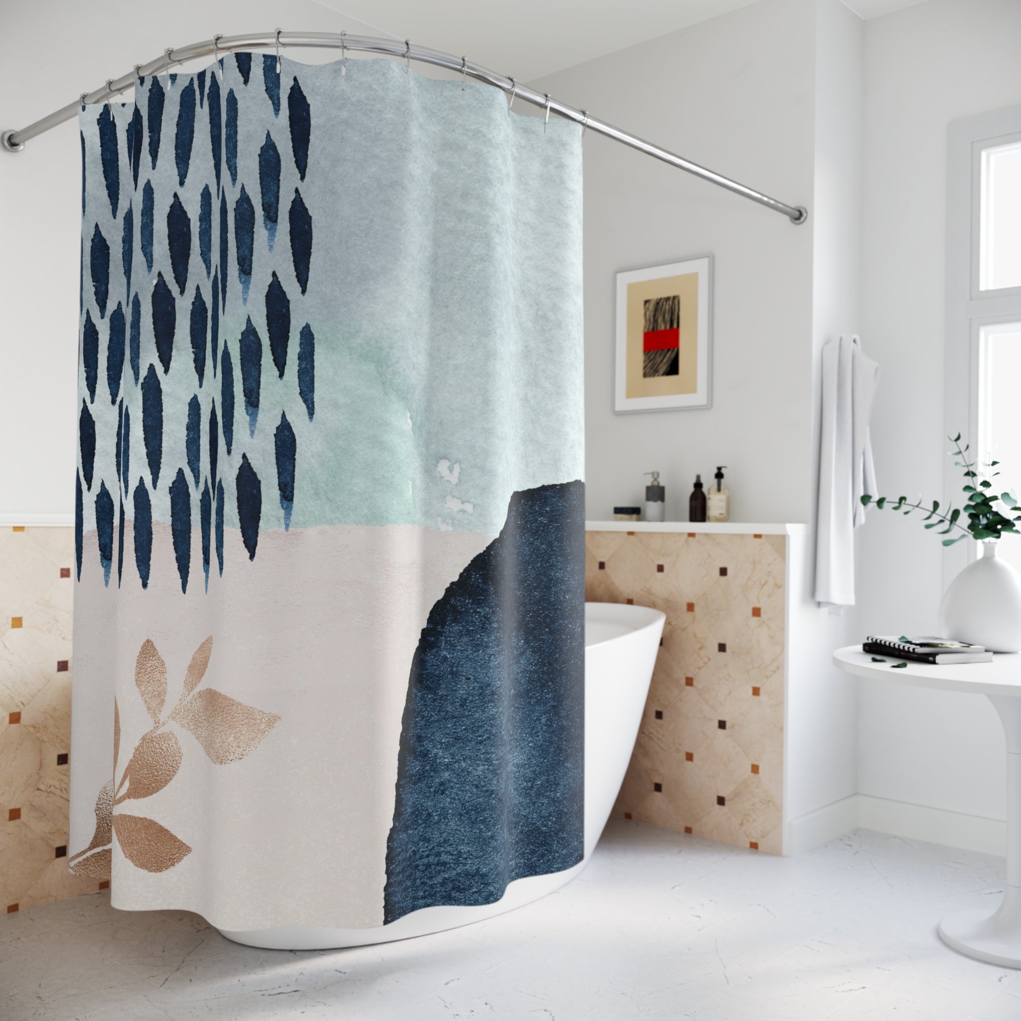 Boho Shower Curtain | Abstract Blue Fabric Curtain