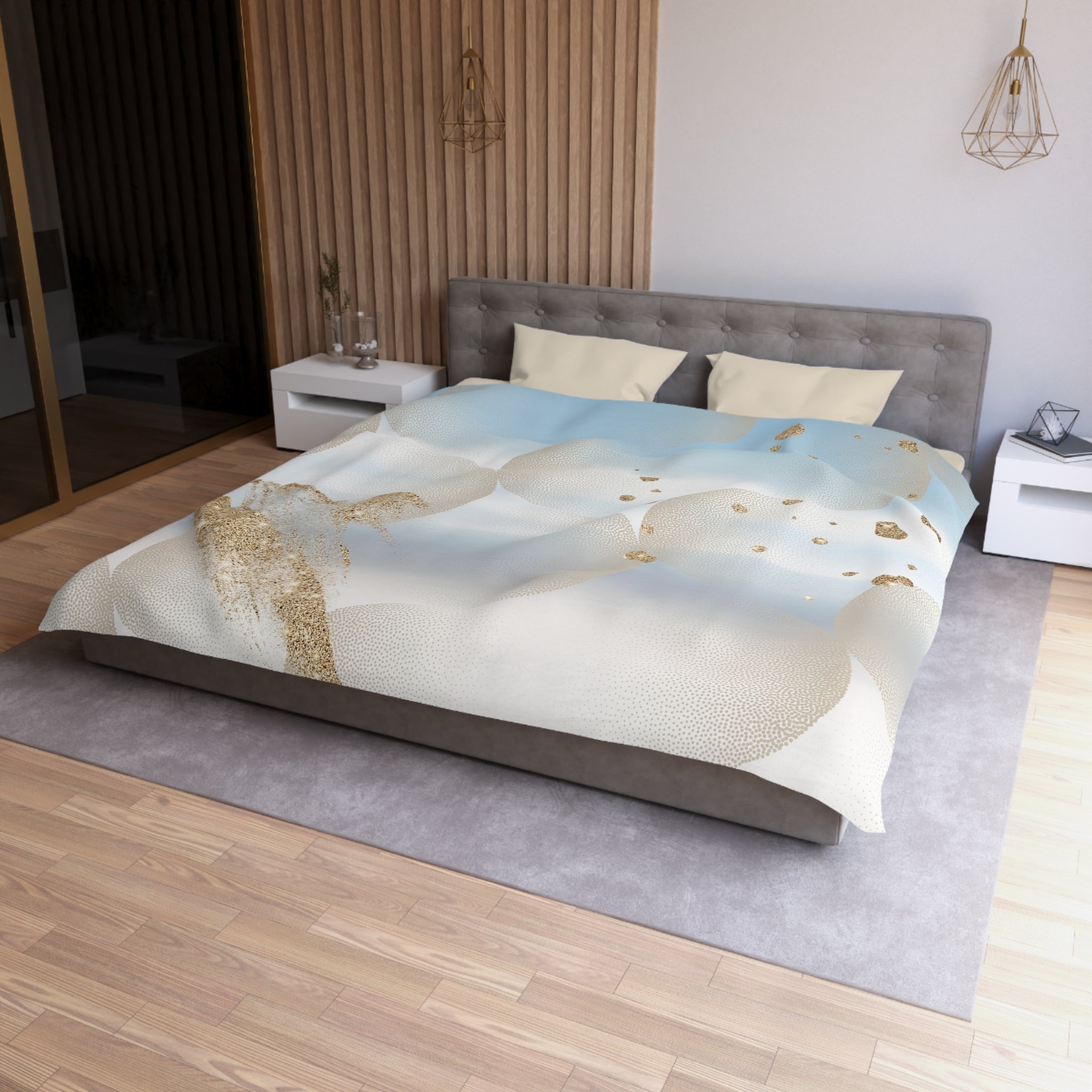 Abstract Duvet Cover | Muted Gold, Sky Blue White | Bedroom Decor
