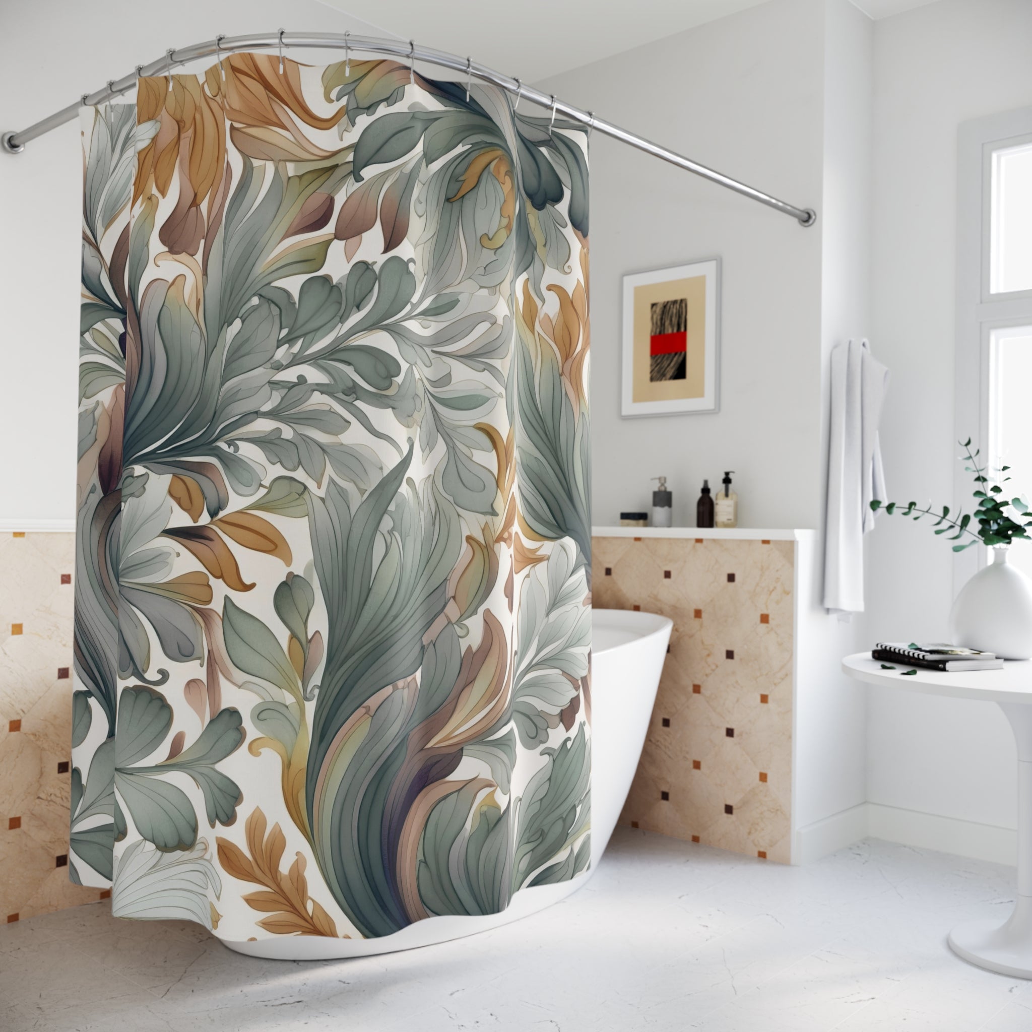 Whimsical Boho Shower Curtain | Grey Beige Abstract Leaves