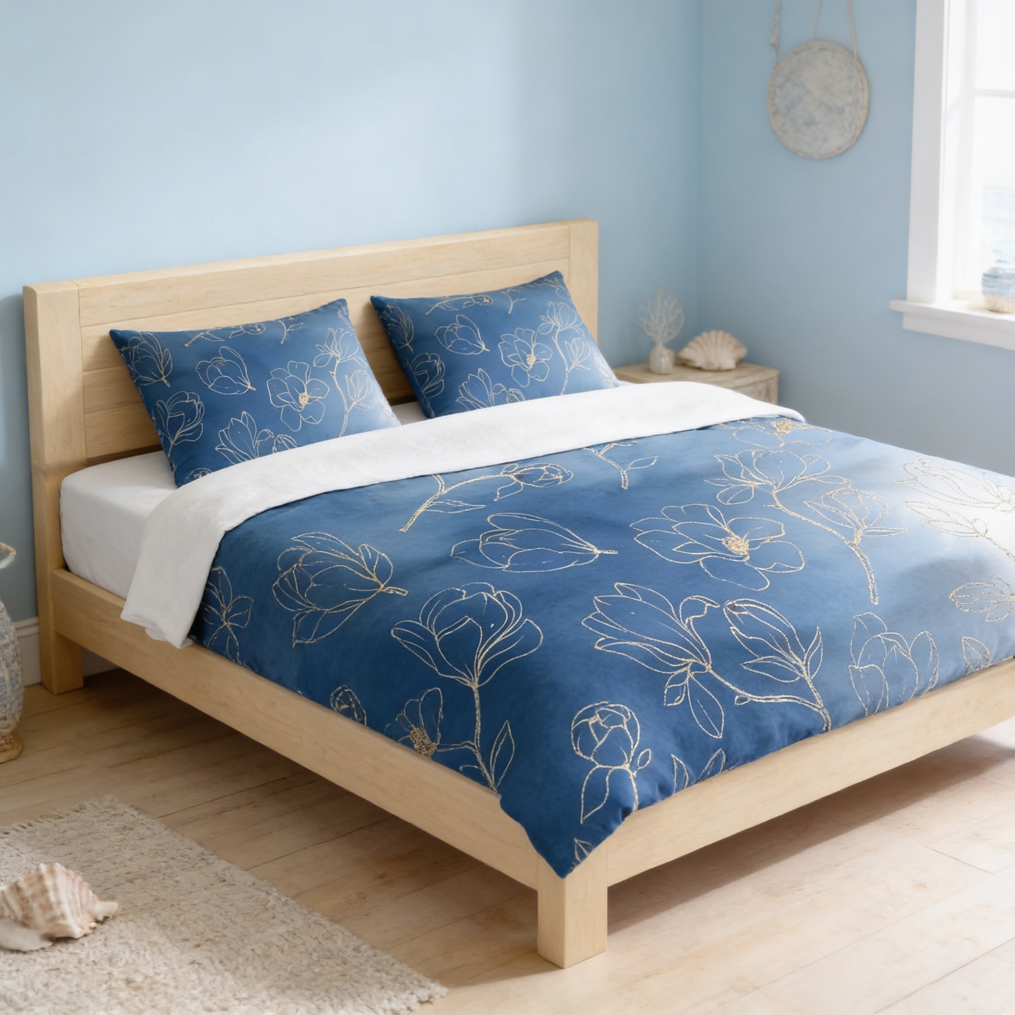 A cozy bedroom with a wooden bed frame, a blue floral comforter, and matching blue pillows. The room has a light blue wall color and a window with a white curtain.