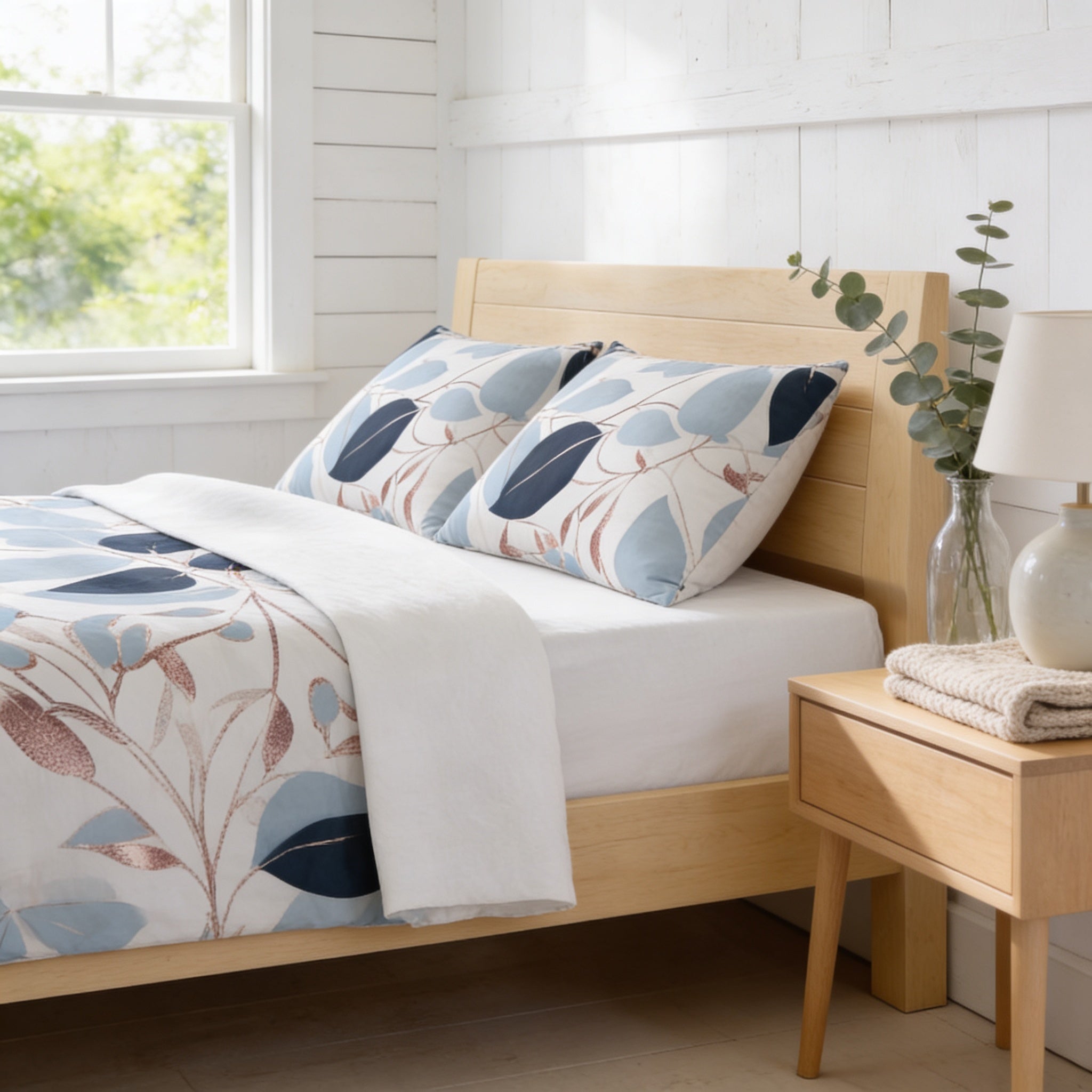 a cozy bedroom with a bed, a nightstand, and a lamp. The bed has a white comforter with a leafy pattern and two pillows, and the nightstand has a lamp and a vase with greenery.