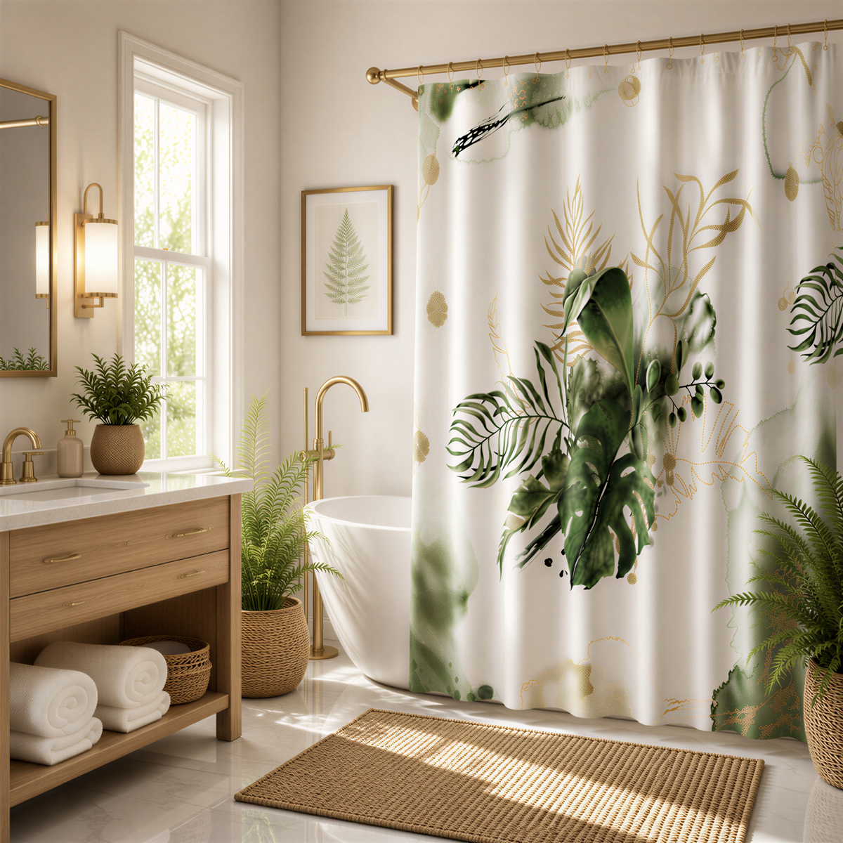 A modern and well-decorated bathroom with a large window, a freestanding bathtub, and a shower curtain with a tropical plant design.