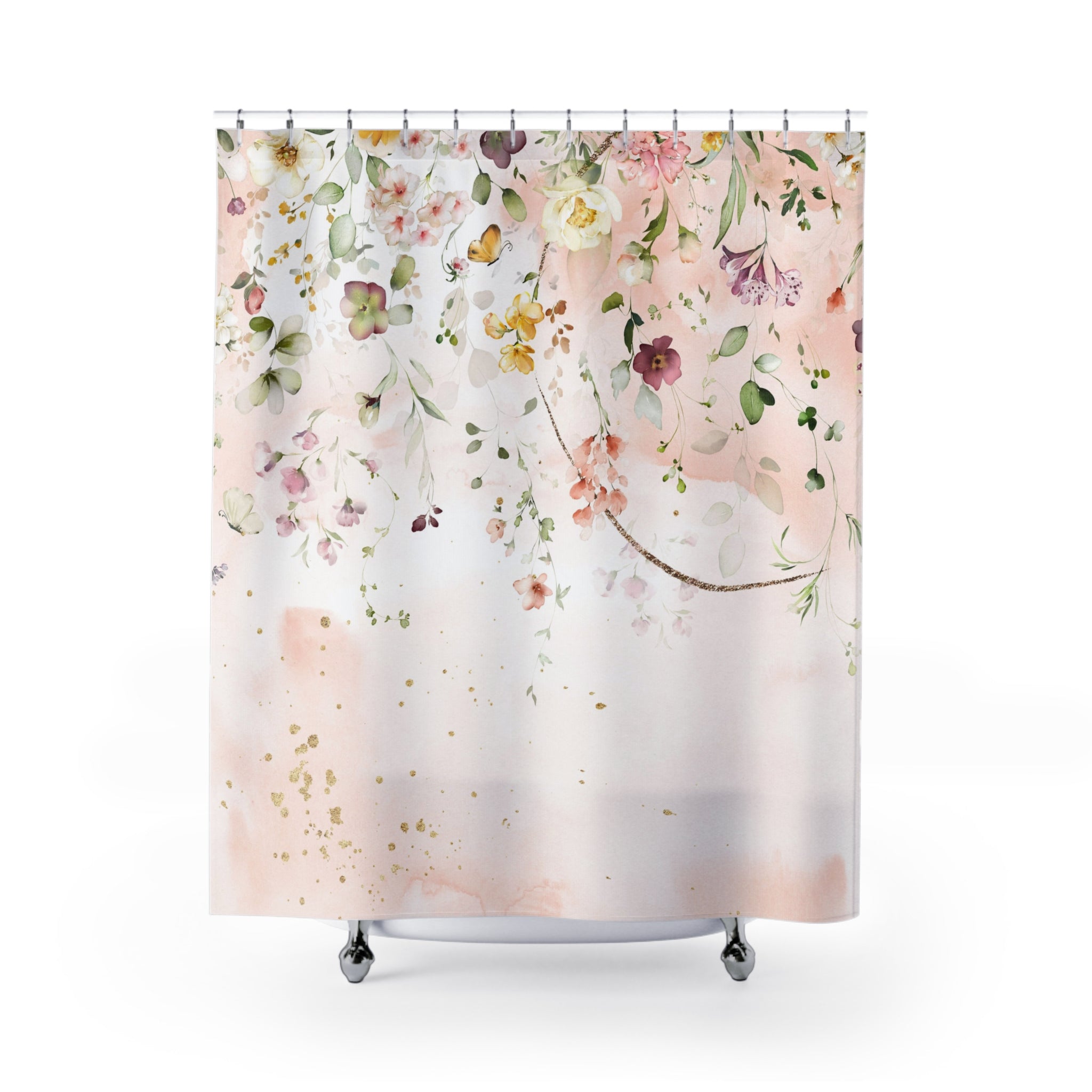 Boho Floral Shower Curtain | Blush Pink Colorful Green