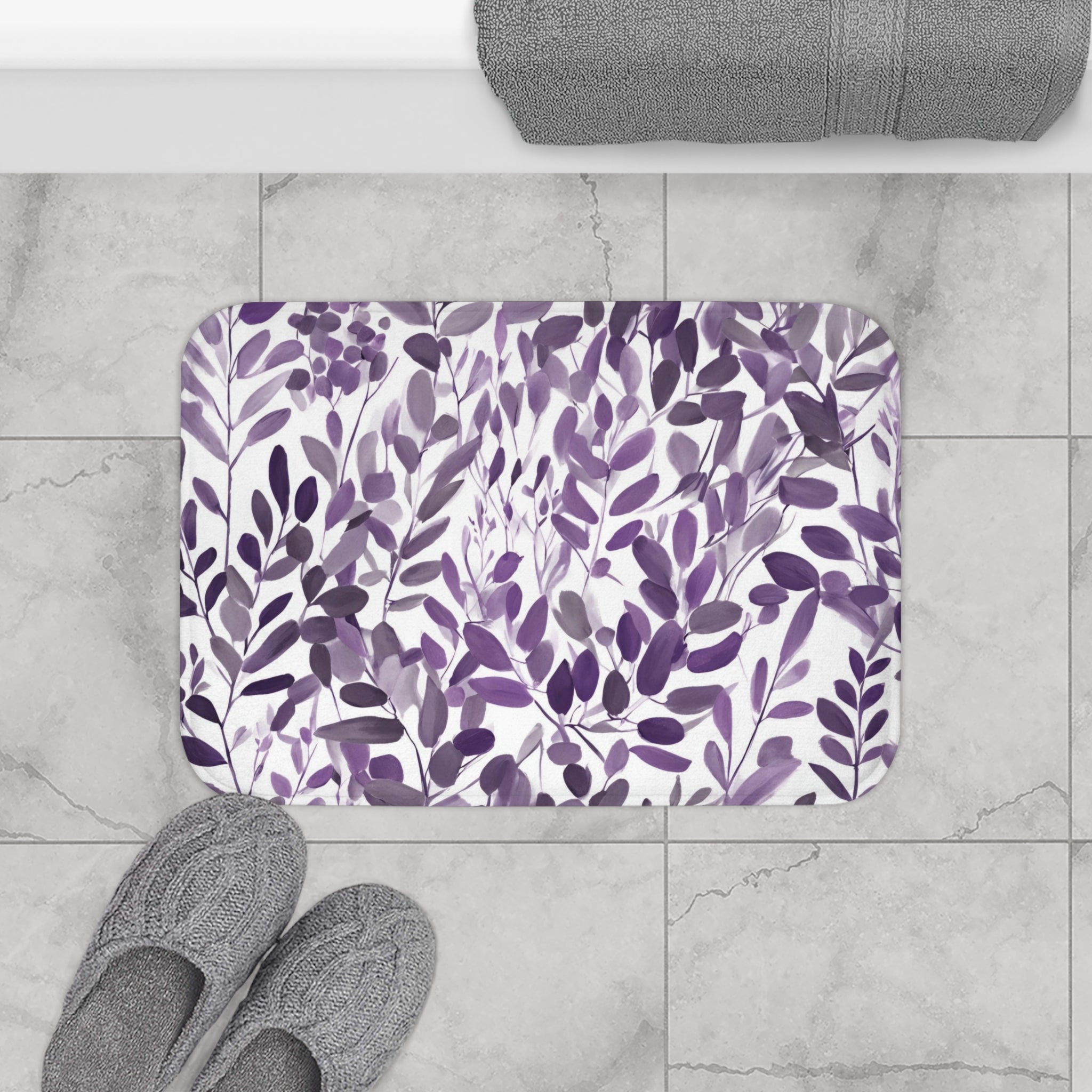 Boho Abstract Leaves Bath Mat | Plum Lilac Purple Kitchen Mat