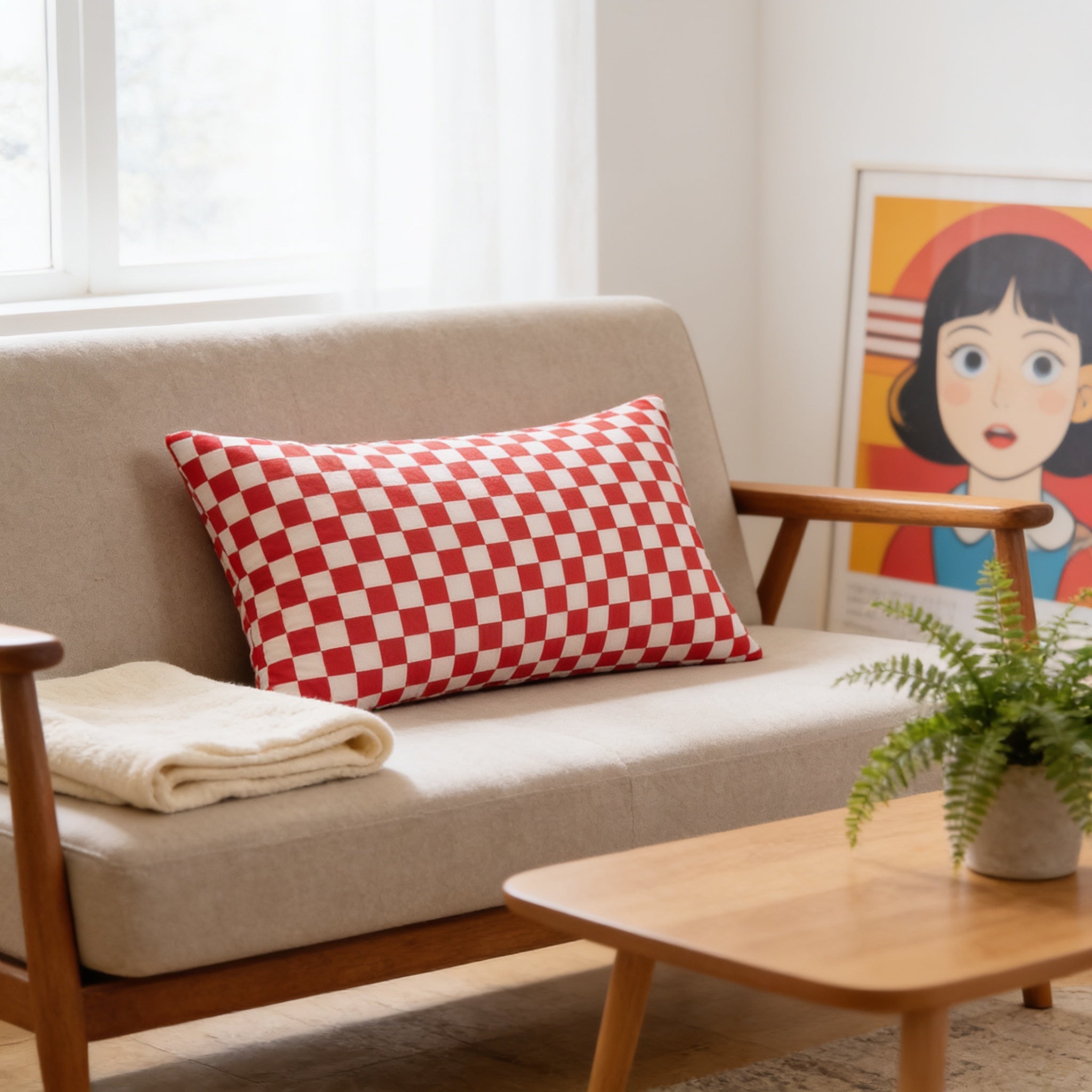 a cozy living room with a beige sofa adorned with a red and white checkered throw pillow. A wooden coffee table sits in front of the sofa, and a potted plant adds a touch of greenery to the space. A framed poster of a woman's face is visible on the wall, and a window allows natural light to illuminate the room.